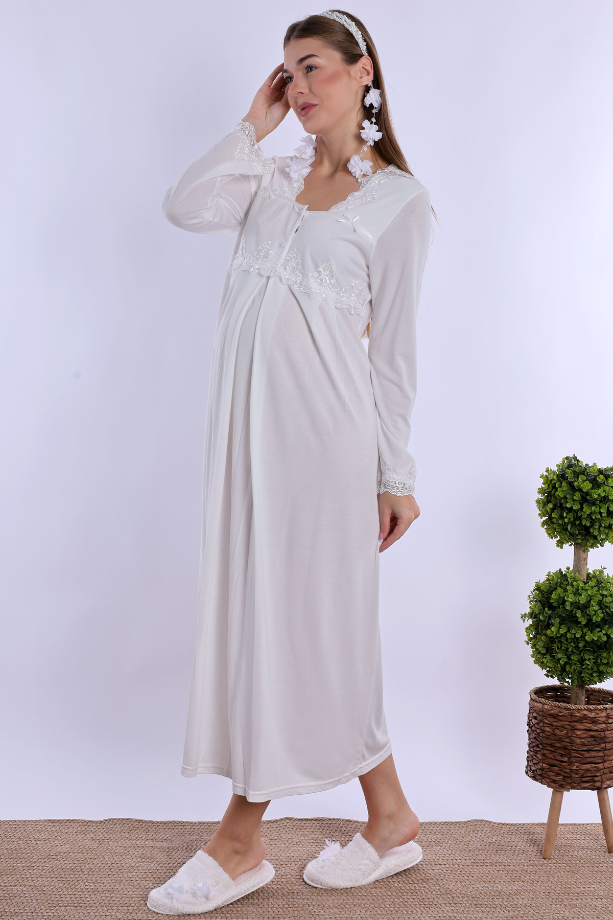 Genel Markalar Kadın Ekru Lohusa Gecelik Ve Sabahlık Takım fotoğrafı 5 (önizleme)