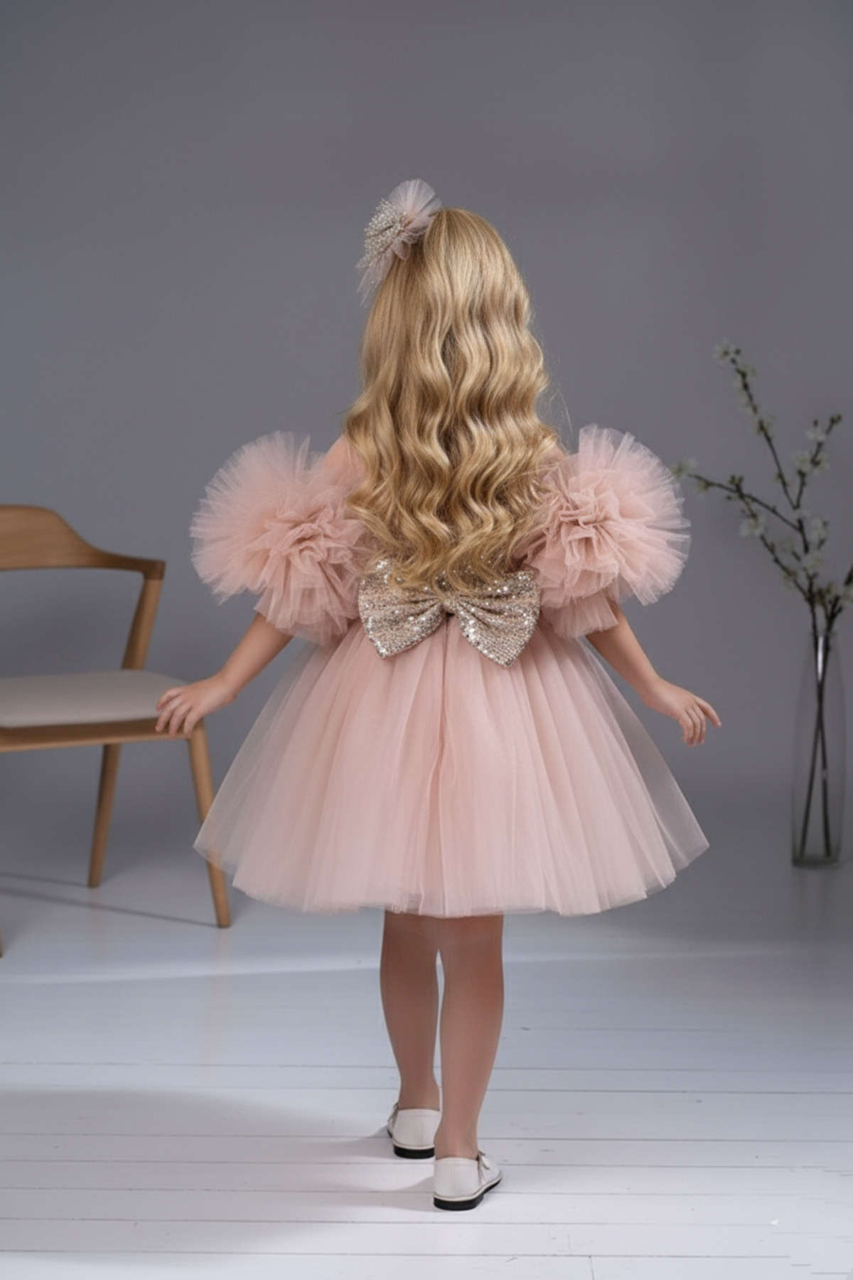 ABİYEKİDS Kol Detaylı Ponponlu Tokalı Pudra Renk Çocuk Abiye Aby458 fotoğrafı 2 (önizleme)