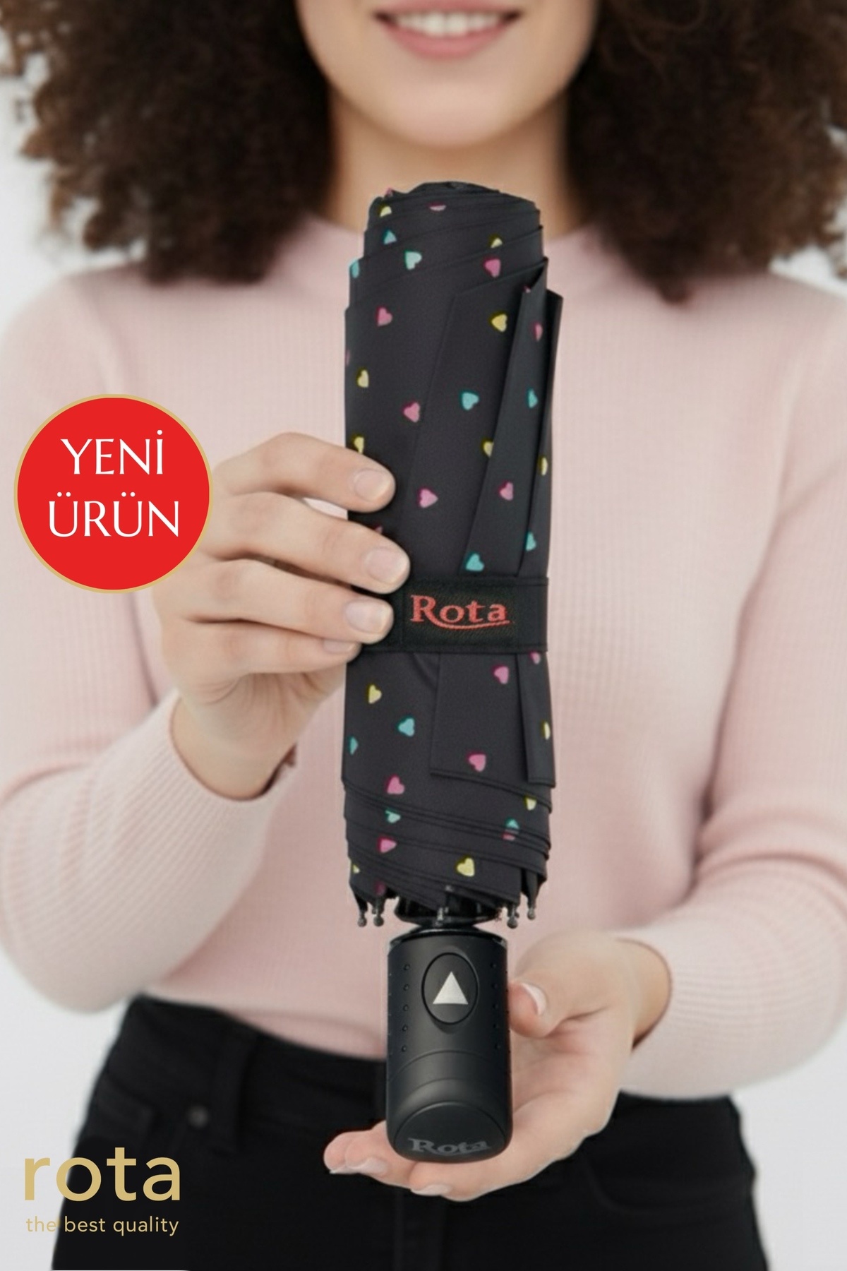 ROTA Rüzgara Dayanıklı 10 Telli Yarım Otomatik Fiber Telli Otomatik Açılır Şemsiye - 3030W - Kalpli siyah
