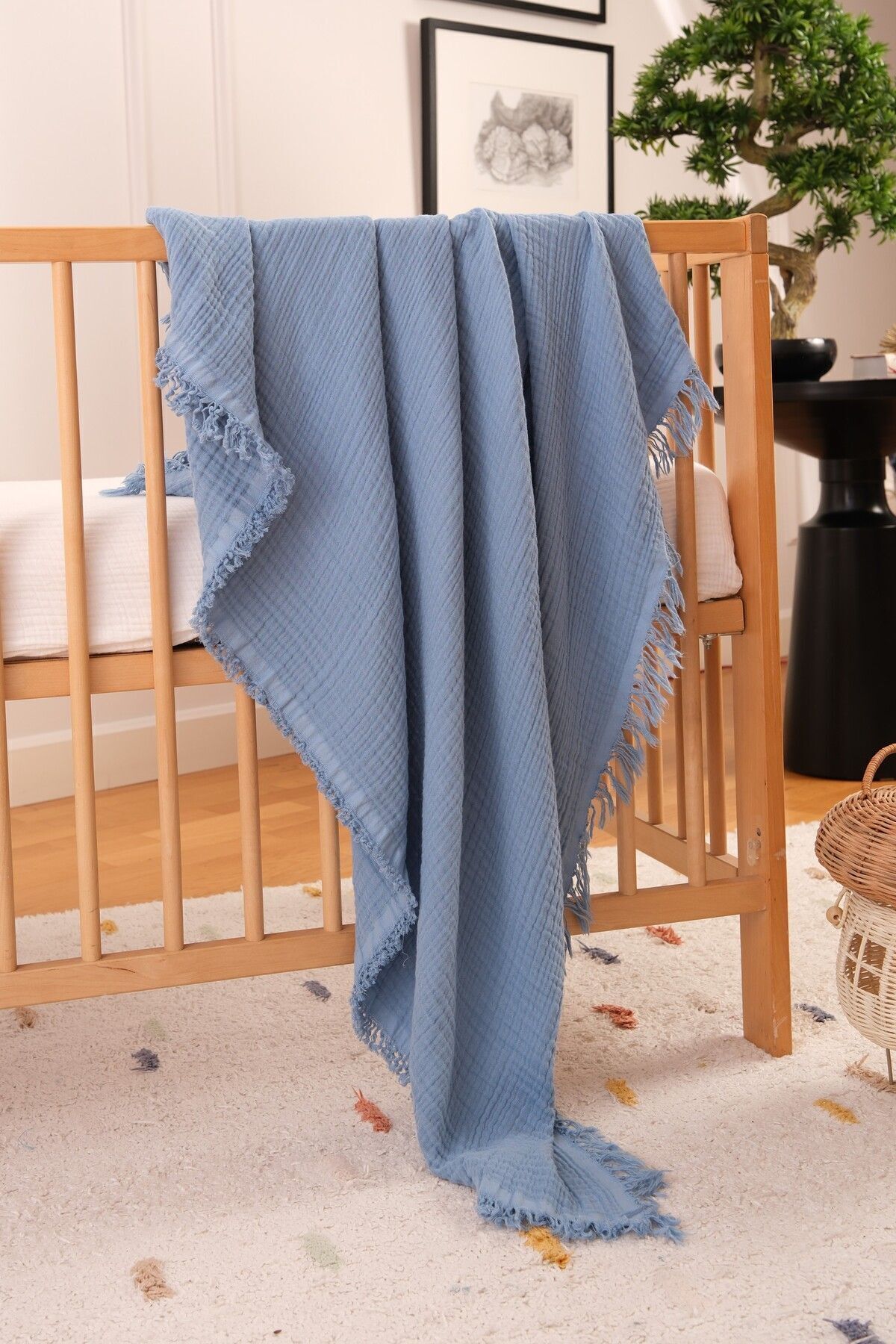 Bondberro Müslin Örtü & Battaniye 4 Katlı Saçaklı %100 Pamuk Organik Oeko-teks Sertifikalı 120 X 100 Cm fotoğrafı 2 (önizleme)