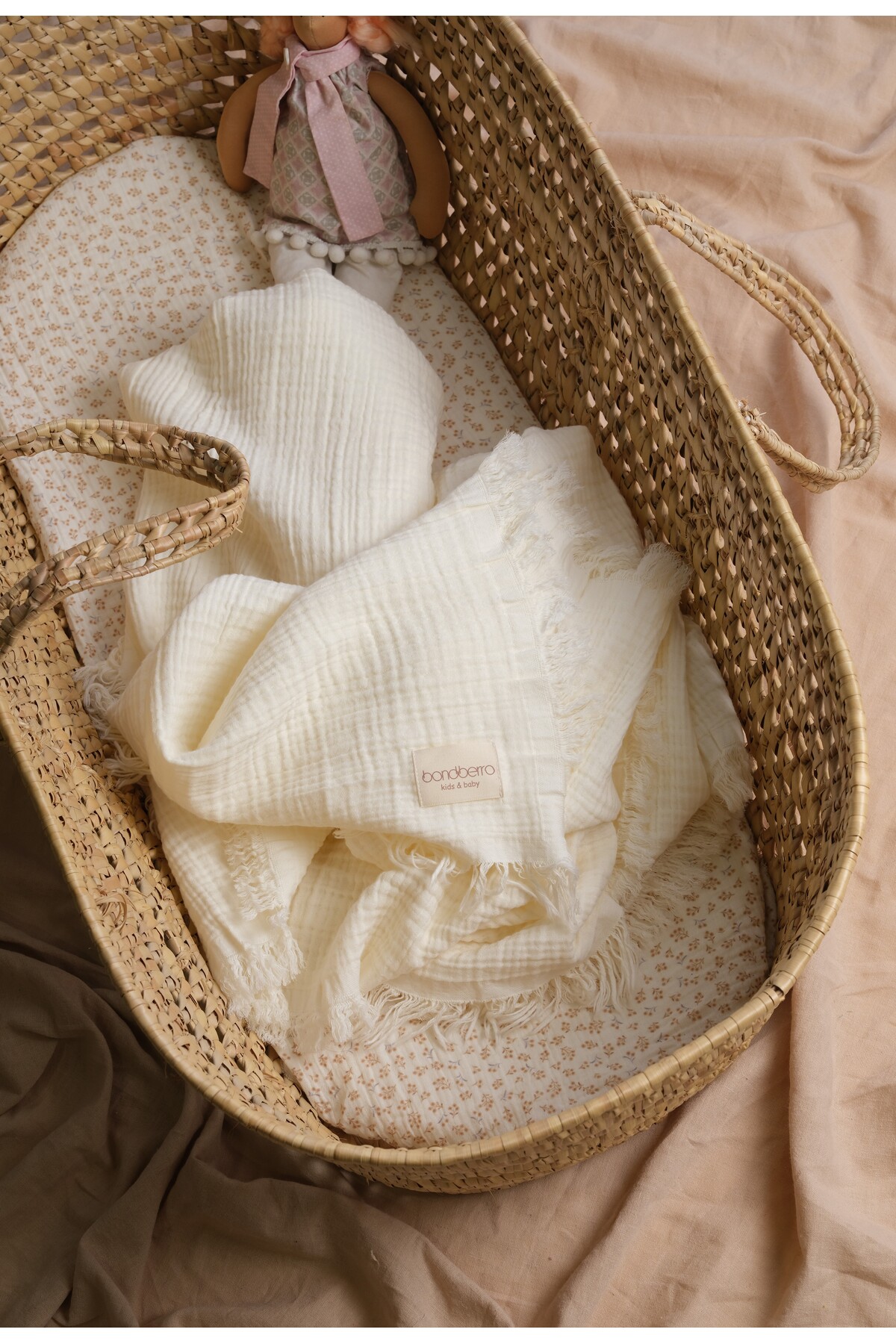 Bondberro Müslin Örtü & Battaniye 4 Katlı Saçaklı %100 Pamuk Organik Oeko-teks Sertifikalı 120X100 Cm Krem fotoğrafı 2 (önizleme)