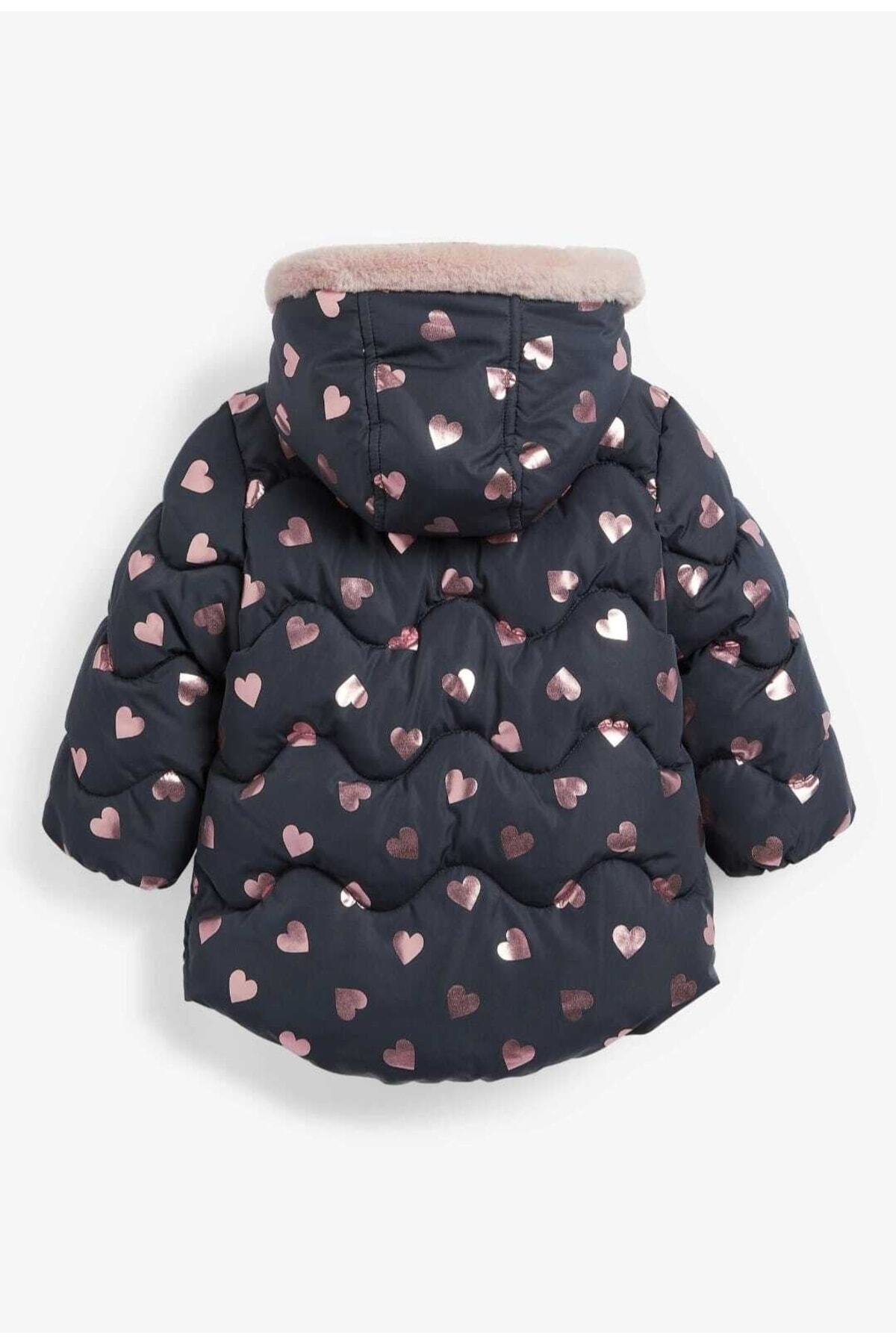 Next Baby Kız Çocuk Folyo Kalp Baskılı Polar Astarlı Lacivert Suya Dayanıklı Mont fotoğrafı 3 (önizleme)