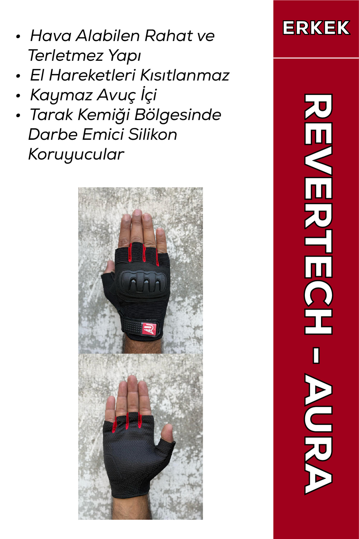 MOTOKIT Revertech Aura Kırmızı / Yarım Parmak - Kaymaz Avuç İçi Özellikli Motosiklet Eldiveni (Erkek)