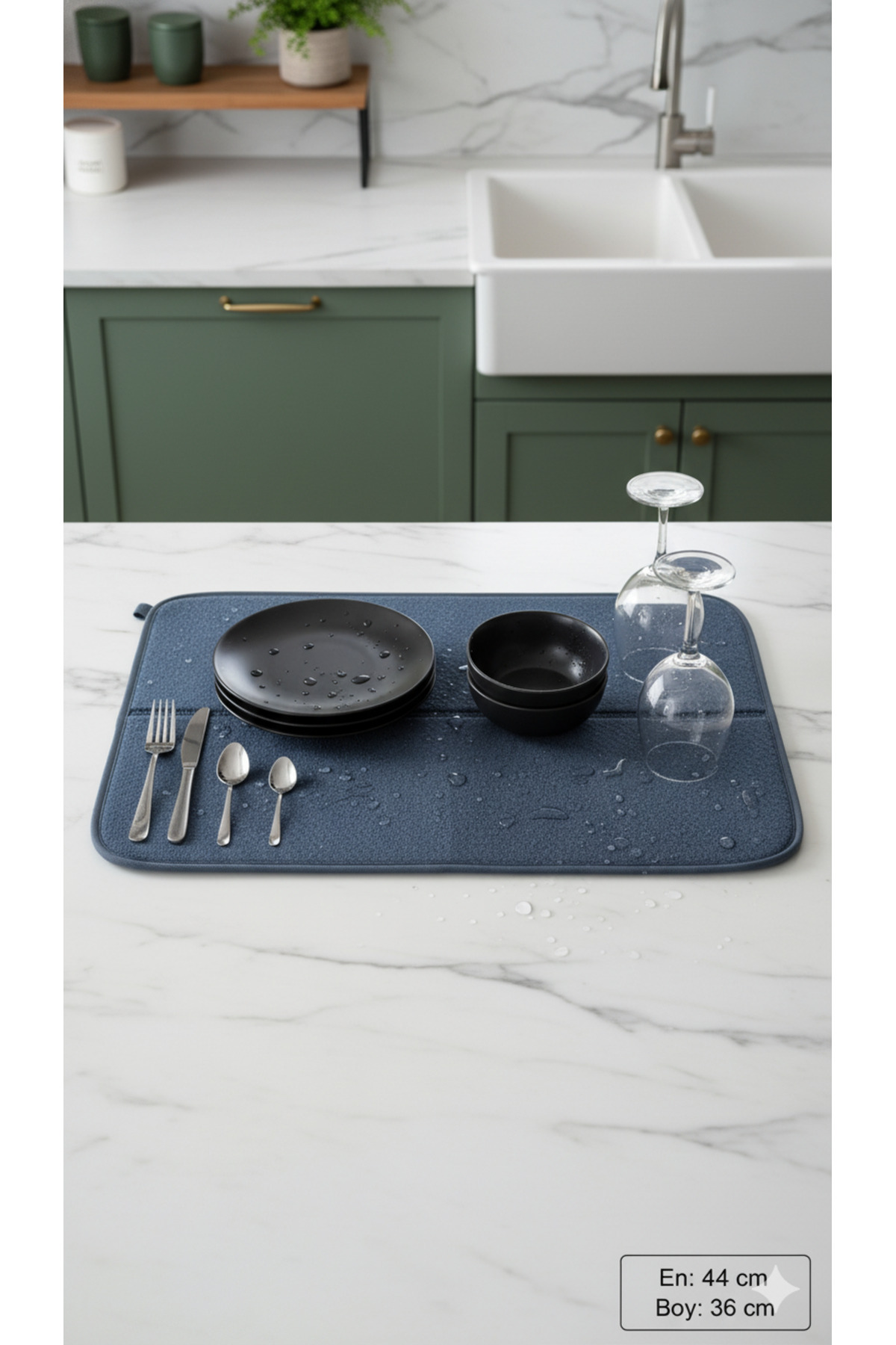 Su Emici Bulaşık Matı 44x36cm Lacivert Mutfak Bulaşık Matı Premium Kaliteli Mat Özel Tasarım