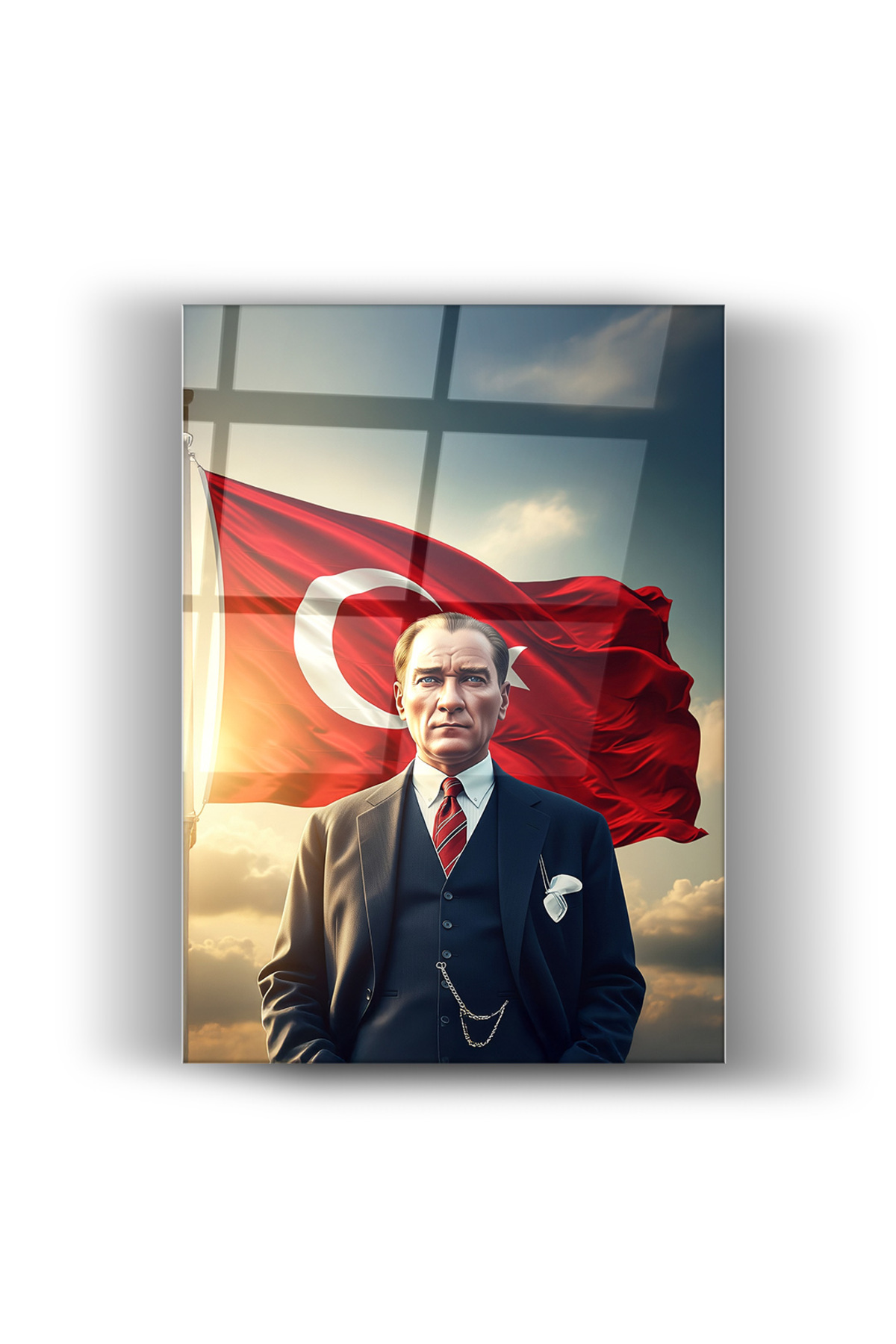 Atatürk ve Türk Bayrağı Önünde–Cumhuriyetin Gururunu ve Bağımsızlık Ruhunu Yansıtan Cam Tablo
