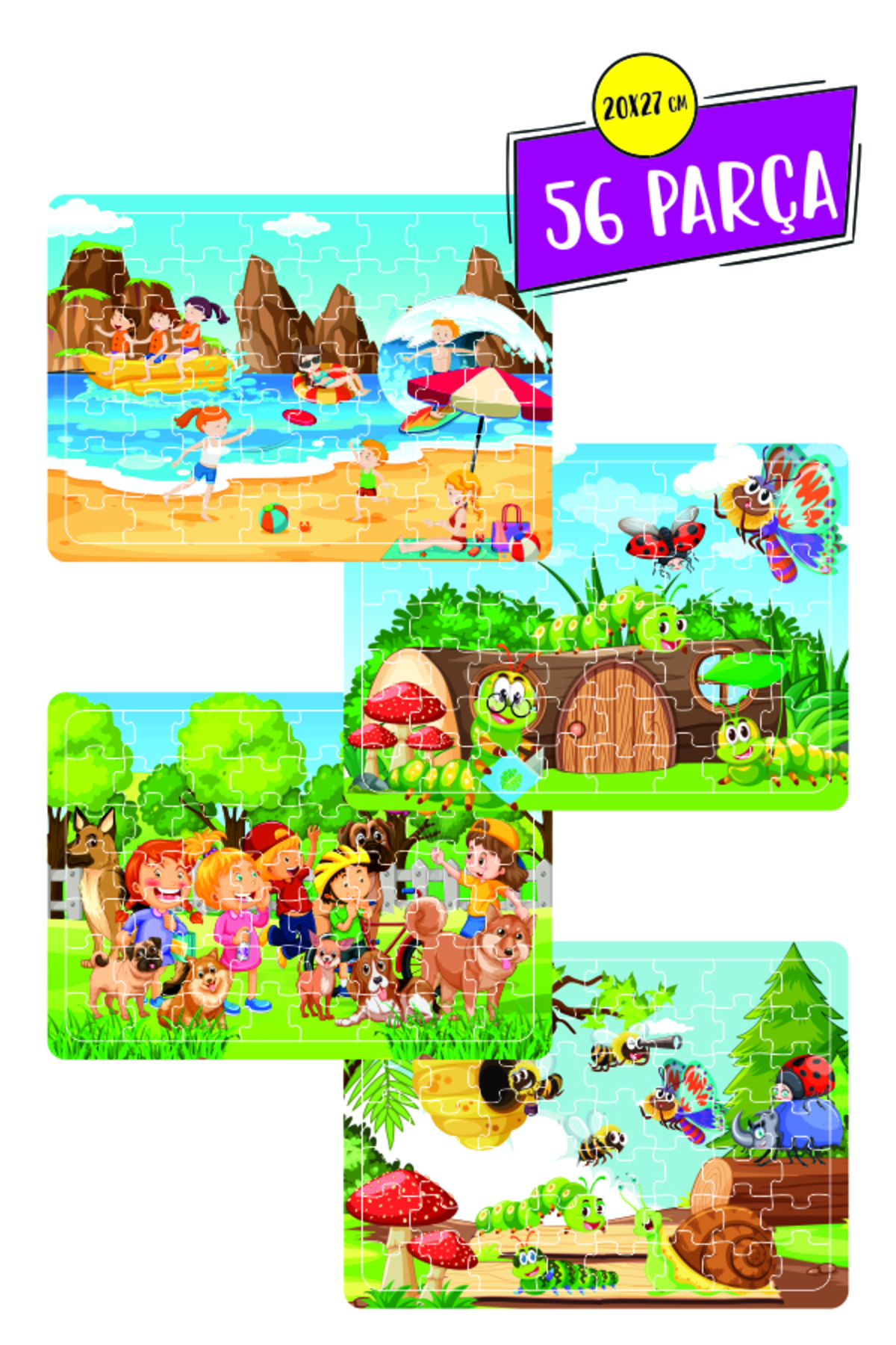 Cute Animals, Children Playing at Sea, Fun, Forest 56-Piece Wooden Puzzle Set of 4