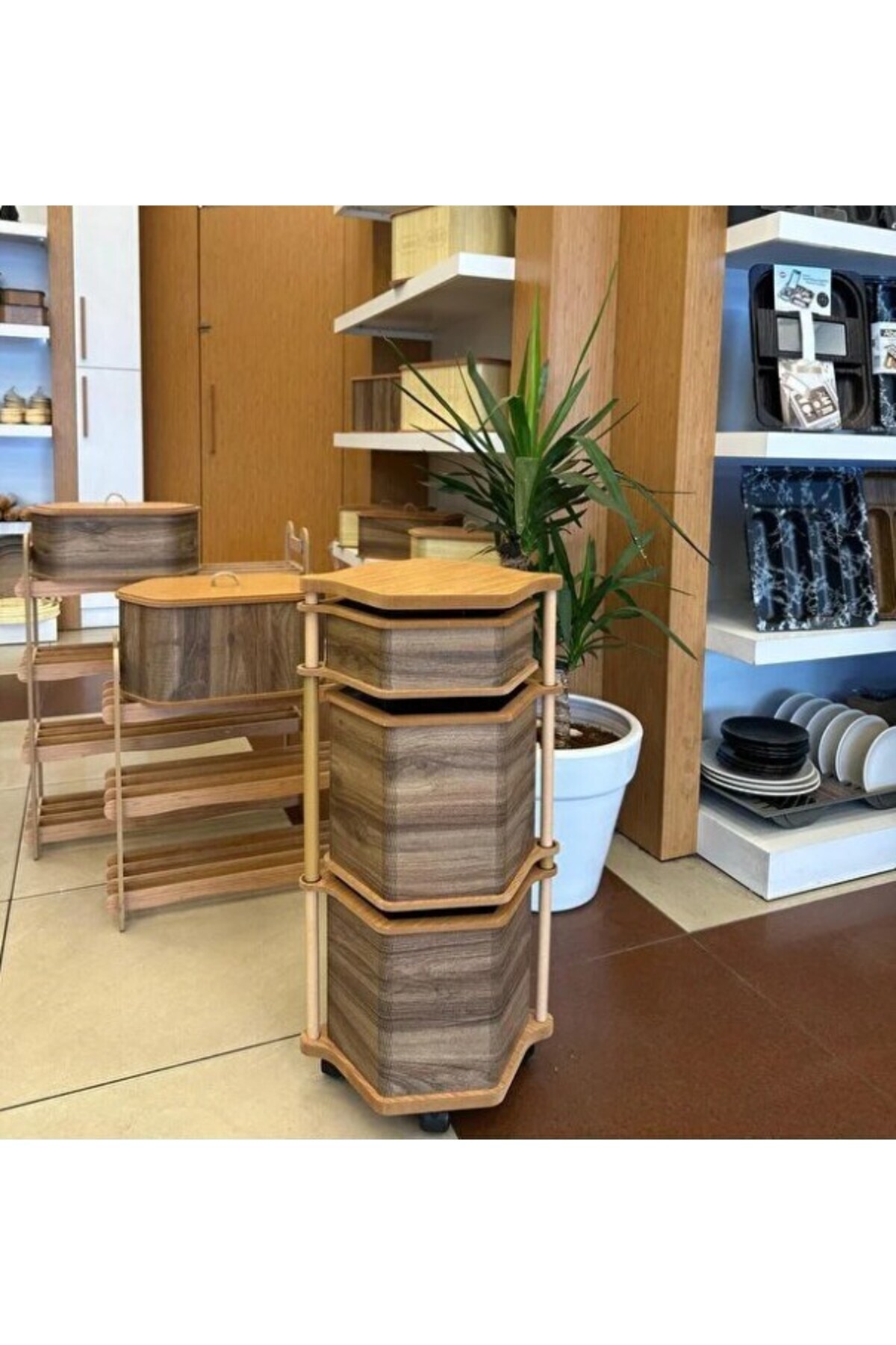 Begin Power Ahşap Altıgen Tekerlekli Kahve Sebzelik 3 Katlı Yana Açılır Patates Soğan Sarımsak