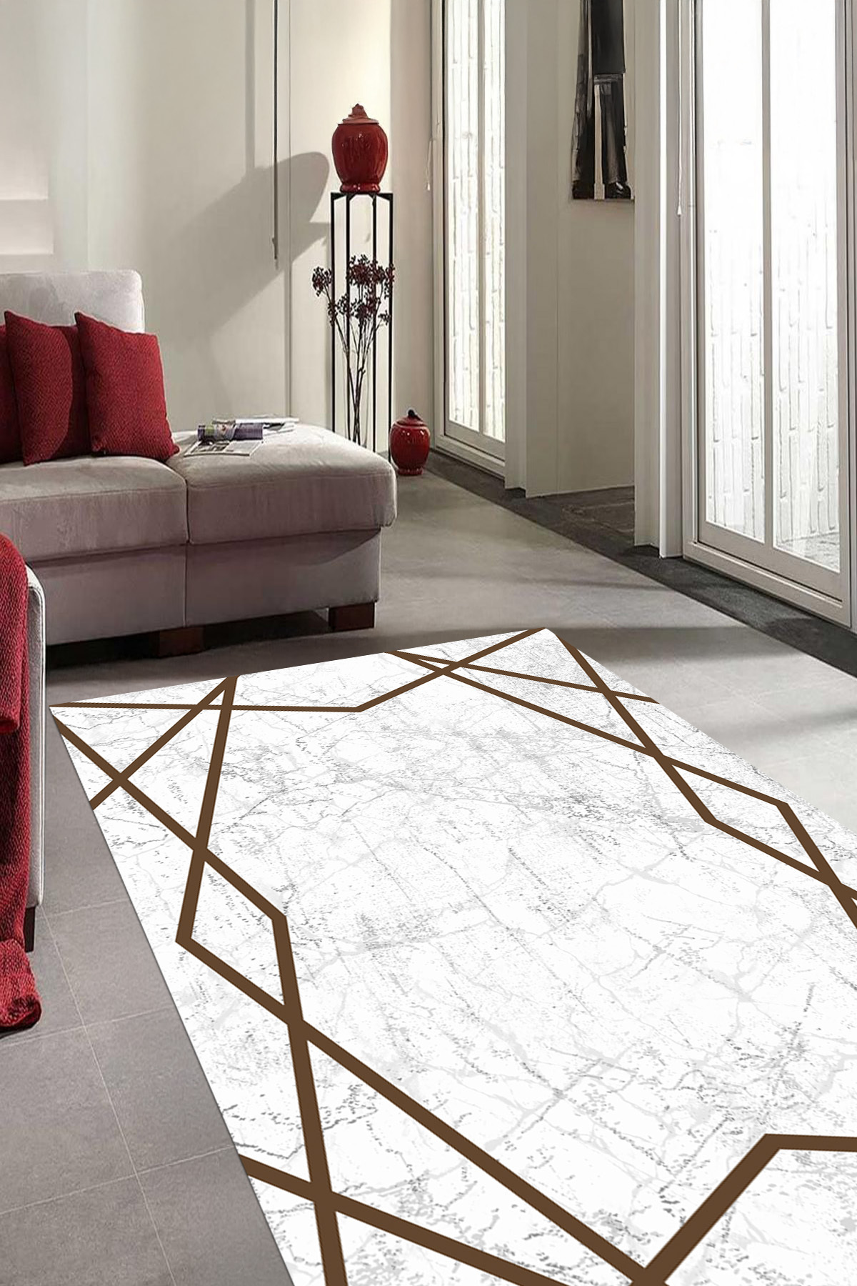 Marble Runner Hall Carpet with Digital Printed Washable and Non-Slip Base Edge Line Motif