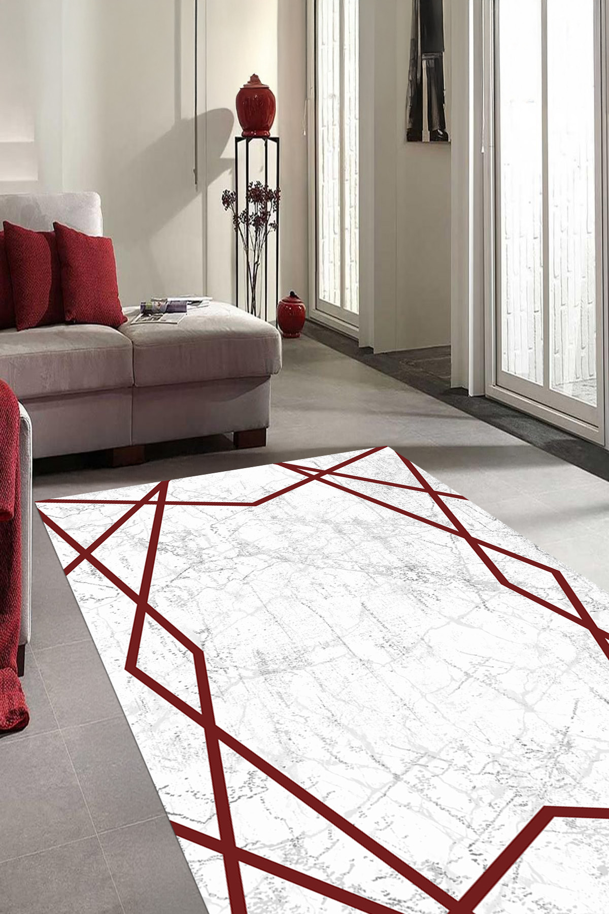 Marble Runner Hall Carpet with Digital Printed Washable and Non-Slip Base Edge Line Motif
