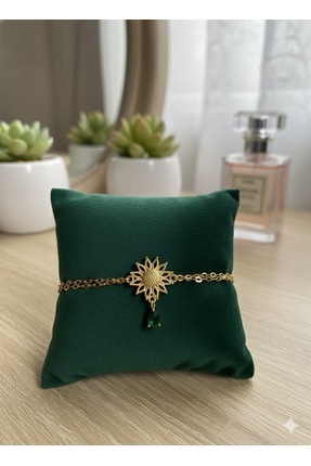 Tasarım Zemira Güneş Motifli Yeşil Damla Taşlı Çelik Bileklik | Ayarlanabilir...