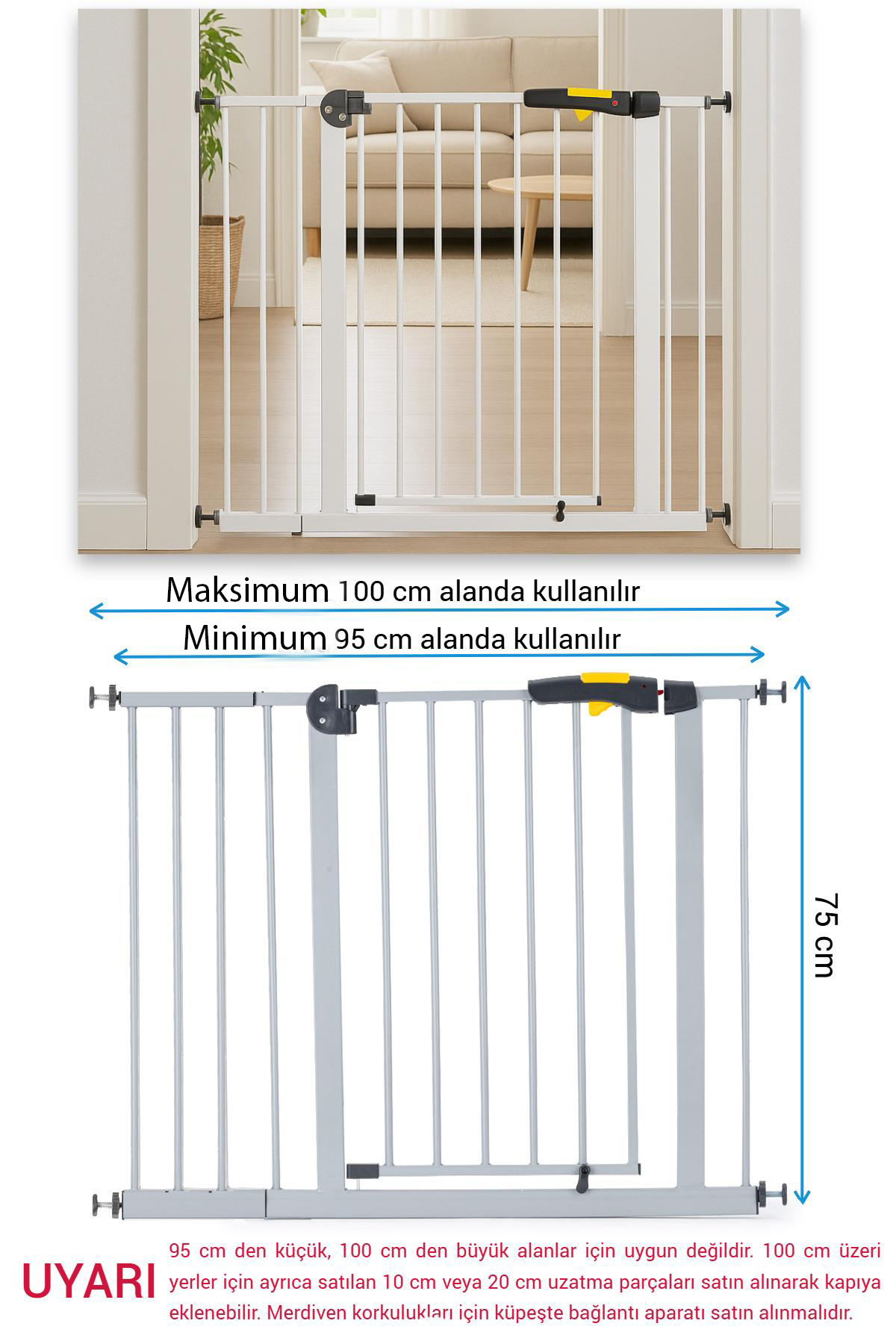 Wellgro Pro 95-100 cm Çocuk Güvenlik Kapısı, Merdiven Kapısı ve Korkuluk, Gri fotoğrafı 3 (önizleme)