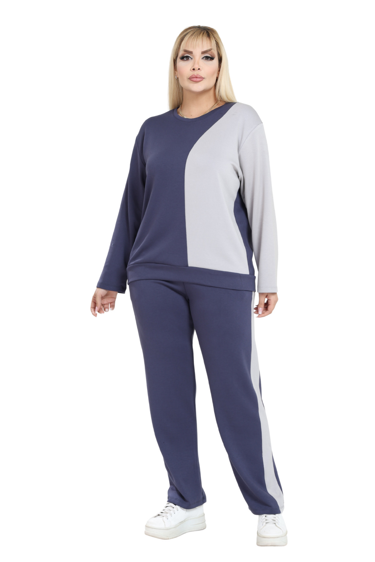 MELSAY Kadın Büyük Beden Lacivert-Gri Garnili Modal Eşofman Takımı