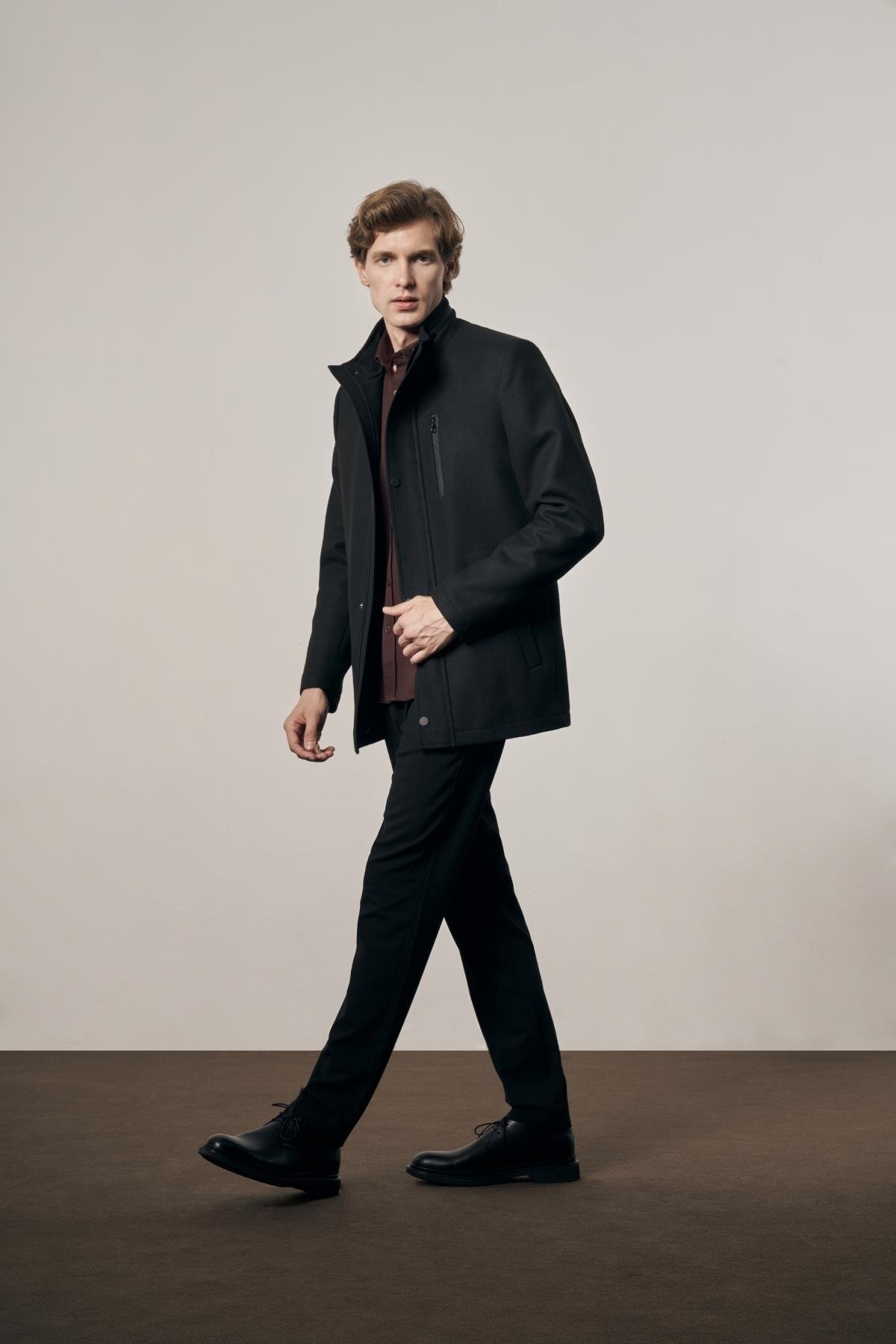 İmza  Siyah Dik Yaka Tam Astar Classic Slim Fit Esnek Kaşe Kaban 1008255150 - Görsel 6