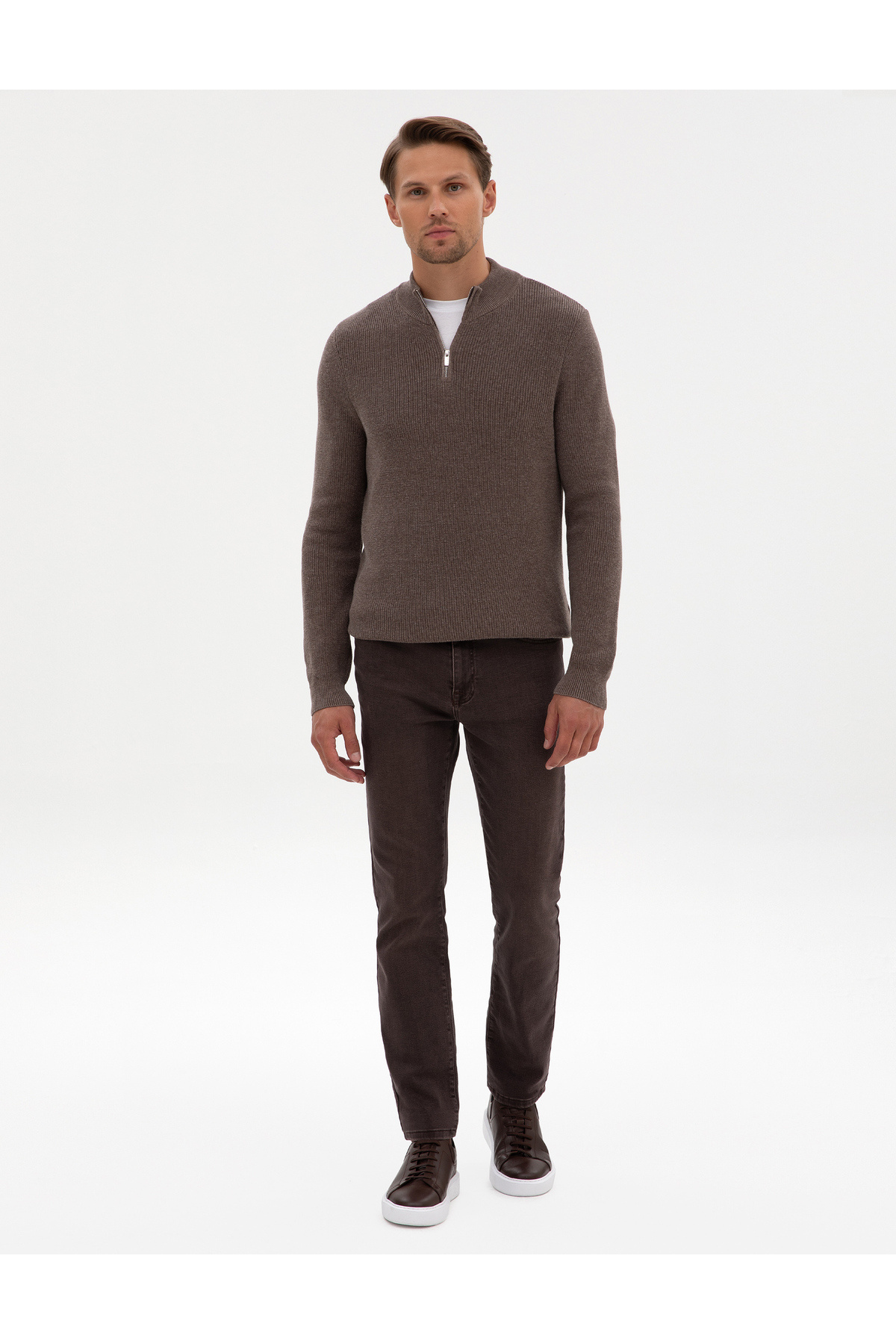 Pierre Cardin Vizon Melanj Slim Fit Dik Yaka Fermuarlı Triko Kazak 50317363-VR174 görsel 4