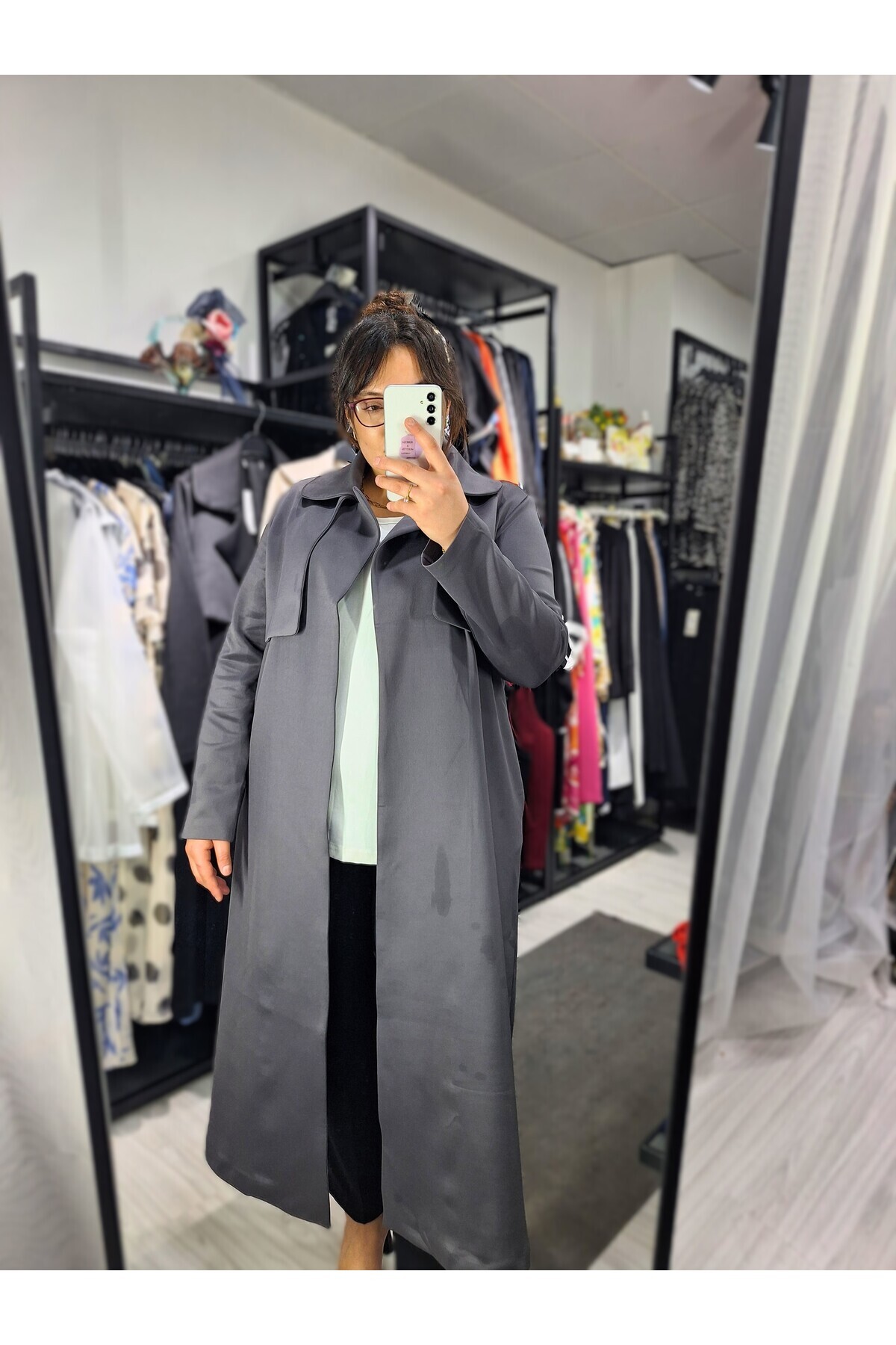 aysen Büyük Beden Uzun Scuba Cepkenli Kemerli Trençkot