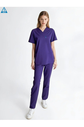 ÜÇAS İŞ GİYİM SCRUBS  FORMASI UNISEX LİKRALI TAKIM MOR