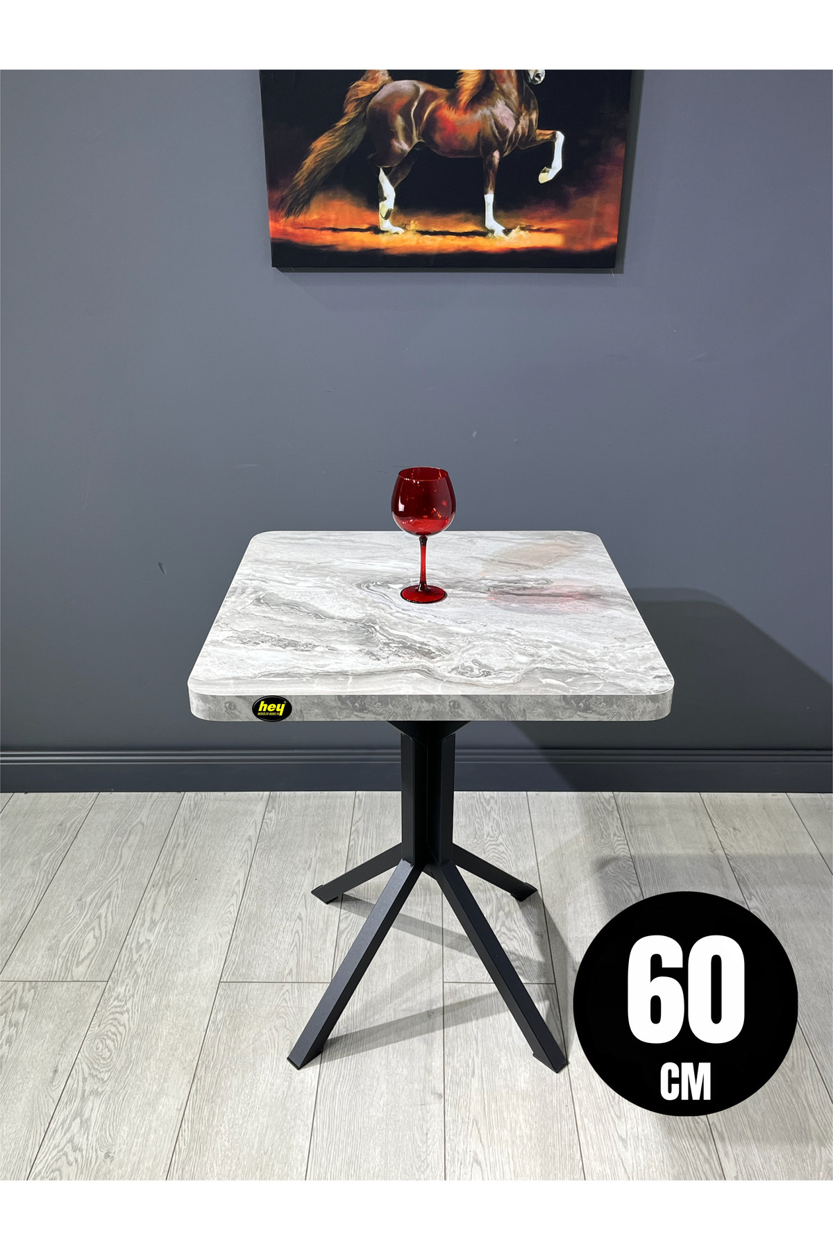 hey modüler mobilya Zeren Kare Gri Mermer Mutfak Yemek Masası Balkon Masası Siyah Ayak 60 cm
