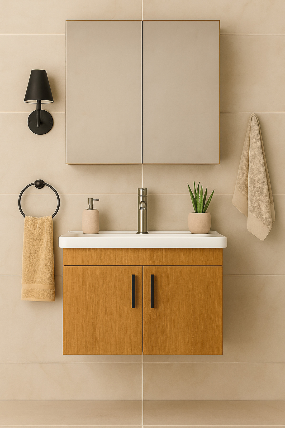 DEMEZLER MOBİLYA Luna 65 cm Ahşap Camlı Üst Modül ve Seramik Lavabolu, MDF Banyo Dolabı Takımı