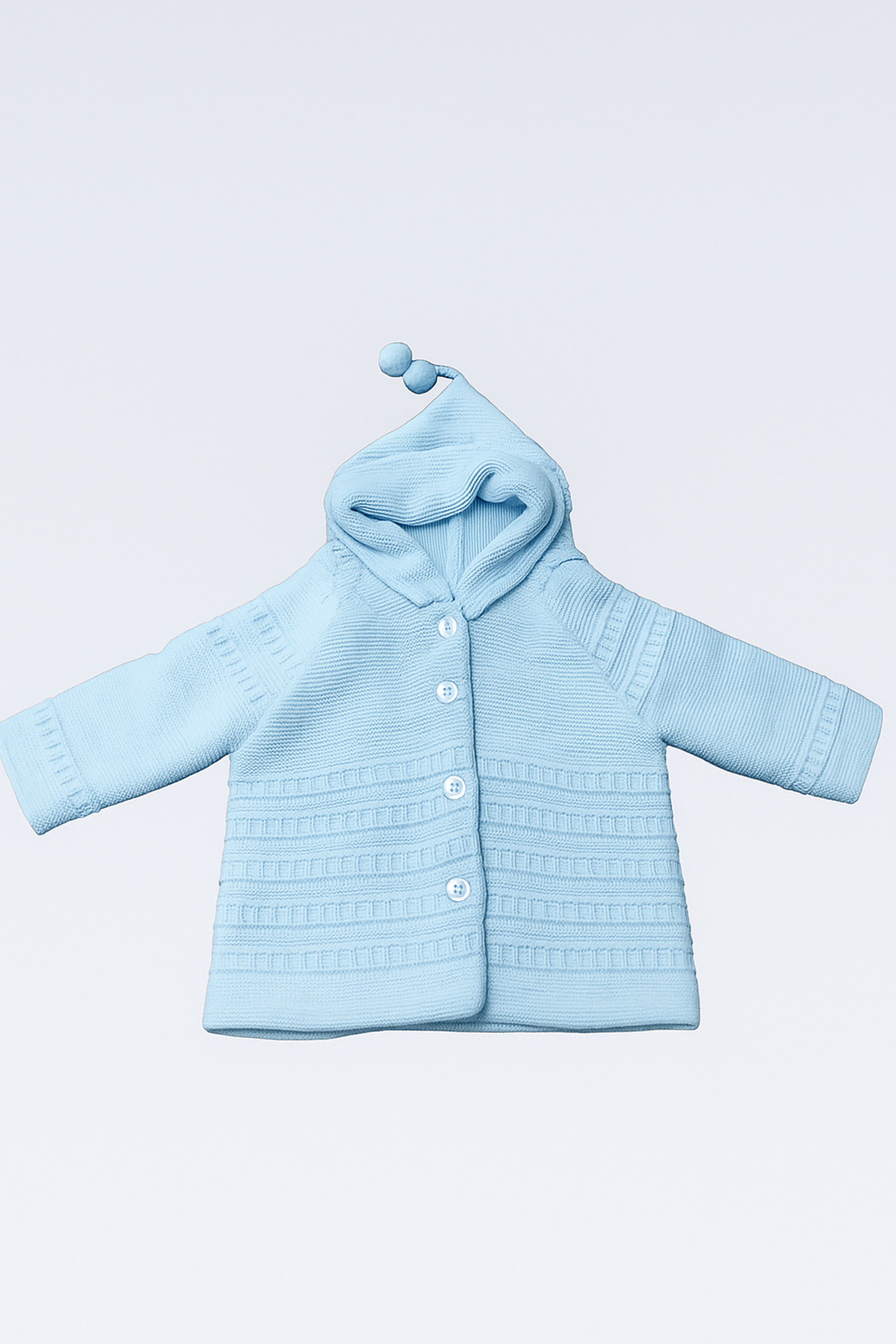 Cevval DESEN DOKULU KAPÜŞONLU PONPONLU ÇİFT KAT ÖRME BEBEK HIRKA fotoğrafı 2 (önizleme)