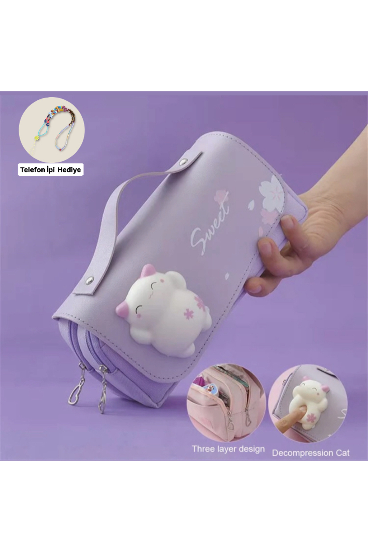 synshop Maneki Neko Şans Kedisi Mor Sukuşi Squishy Büyük Boy Geniş Kalemlik Kalem Kutusu