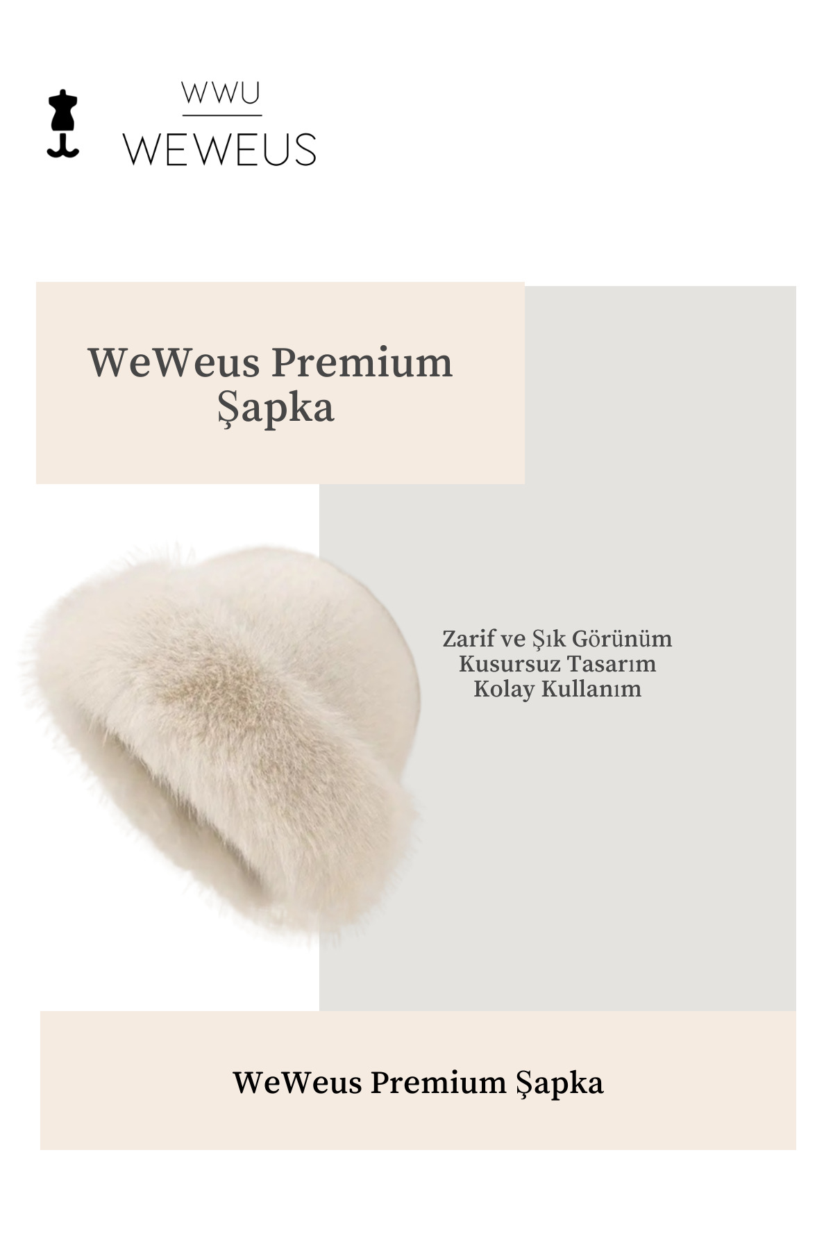 Weweus Krem Bej Tüylü Kürk Görünümlü Kışlık Premium Kadın Şapka görsel 3