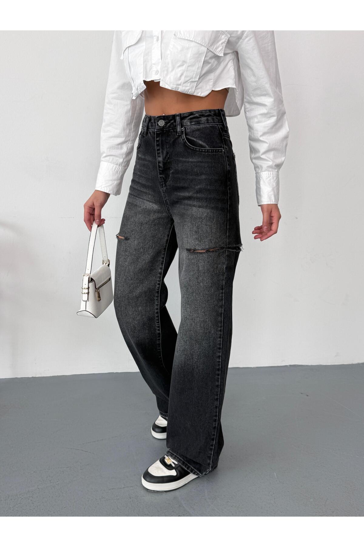 XBELLA DENİM Női füstölt baggy farmer magas derekú farmernadrág farmer szövet oldalán lézerrel