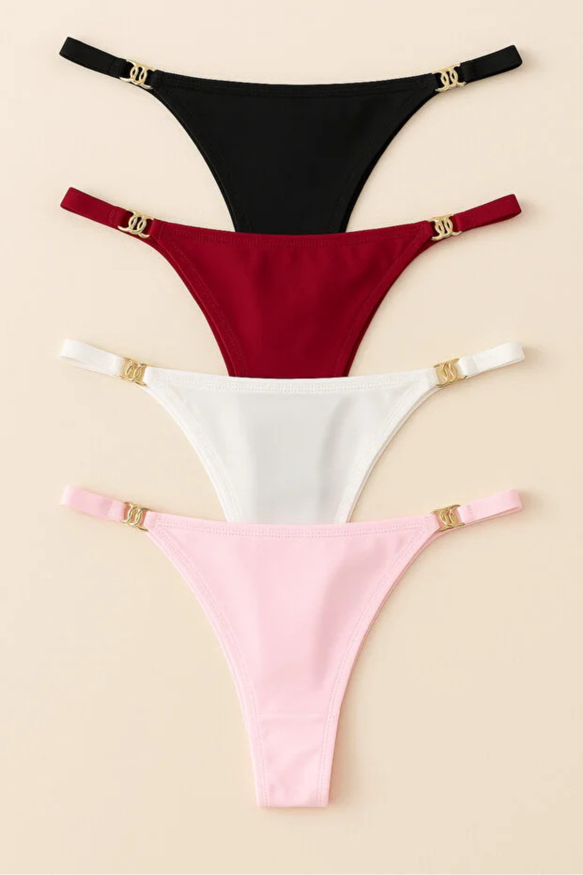 SWEETKORSE Златна катарама Златни аксесоари Секси дамски бикини с еластична лента 4-компонентен комплект – черен, бордо, бял, пудра
