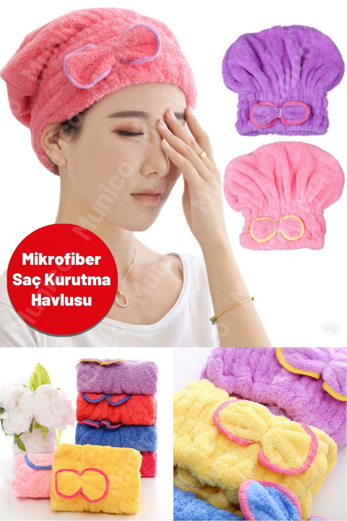 Munico 2 Adet Mikrofiber Saç Kurutma Bonesi 30 cm Hızlı Kuruyan Elektriklenme Önleyici Fiyonk Detaylı