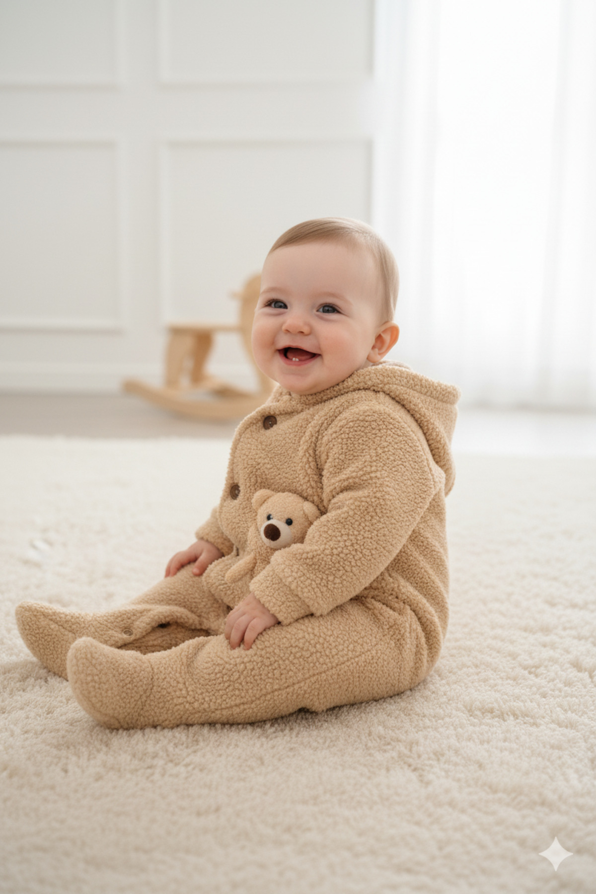 Mamman's Kışlık, Kalın Peluş, Kapüşonlu, Oyuncak Ayılı Fermuarlı Patikli Unisex, Kız Erkek Bebek Tulumu fotoğrafı 2 (önizleme)