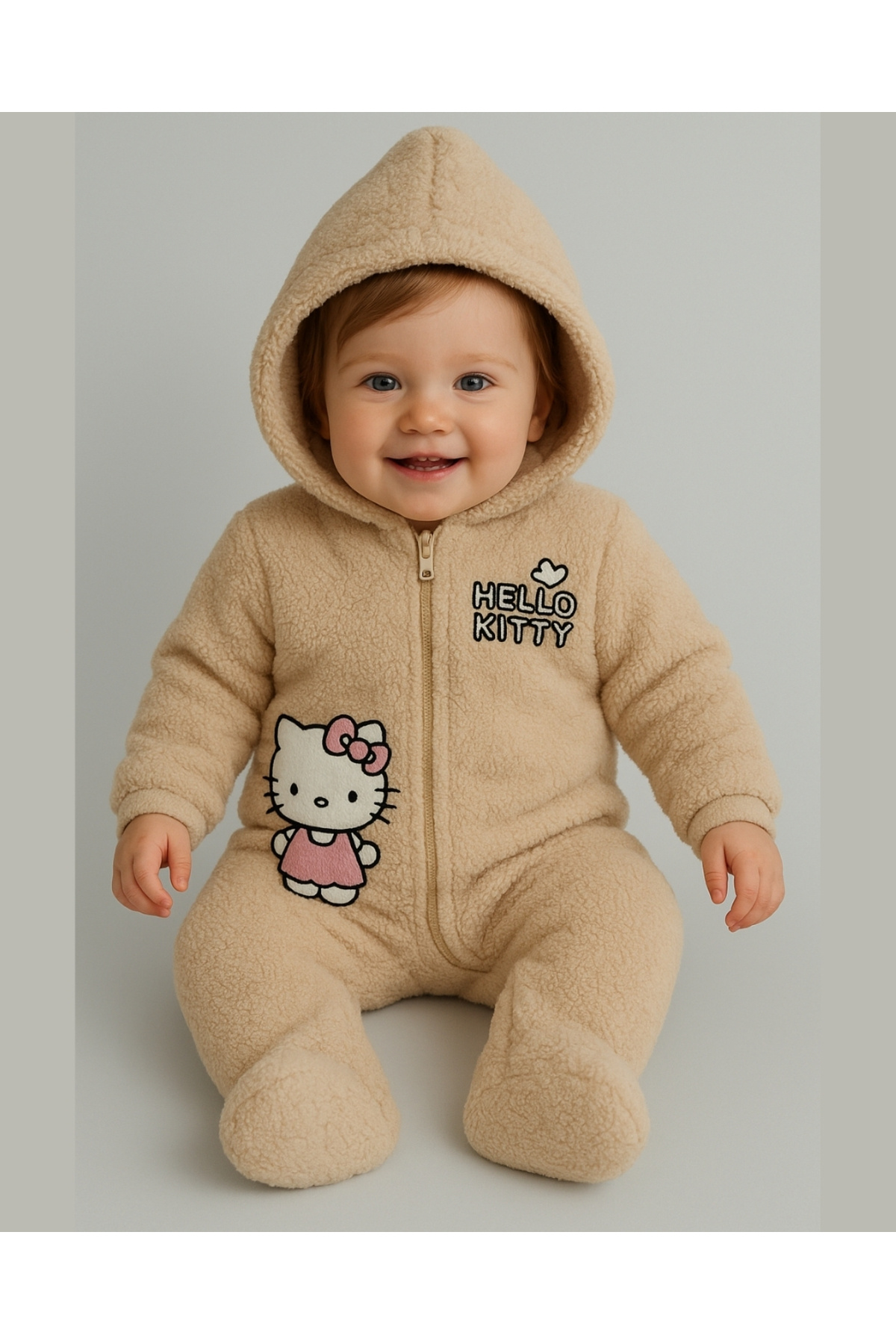 asliva Hello Welsoft Pelüş Kız Bebek Tulum – Kapüşonlu ve Patikli - Pembe/Bej - 0-12 Ay