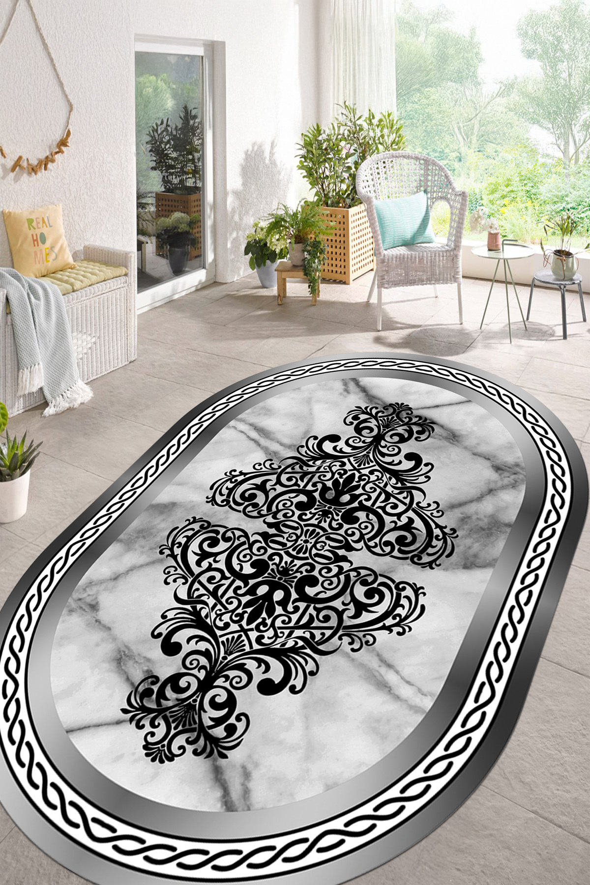 Authentic Patterned Marble Oval Living Room Rug with Digital Printed Washable and Non-Slip Base