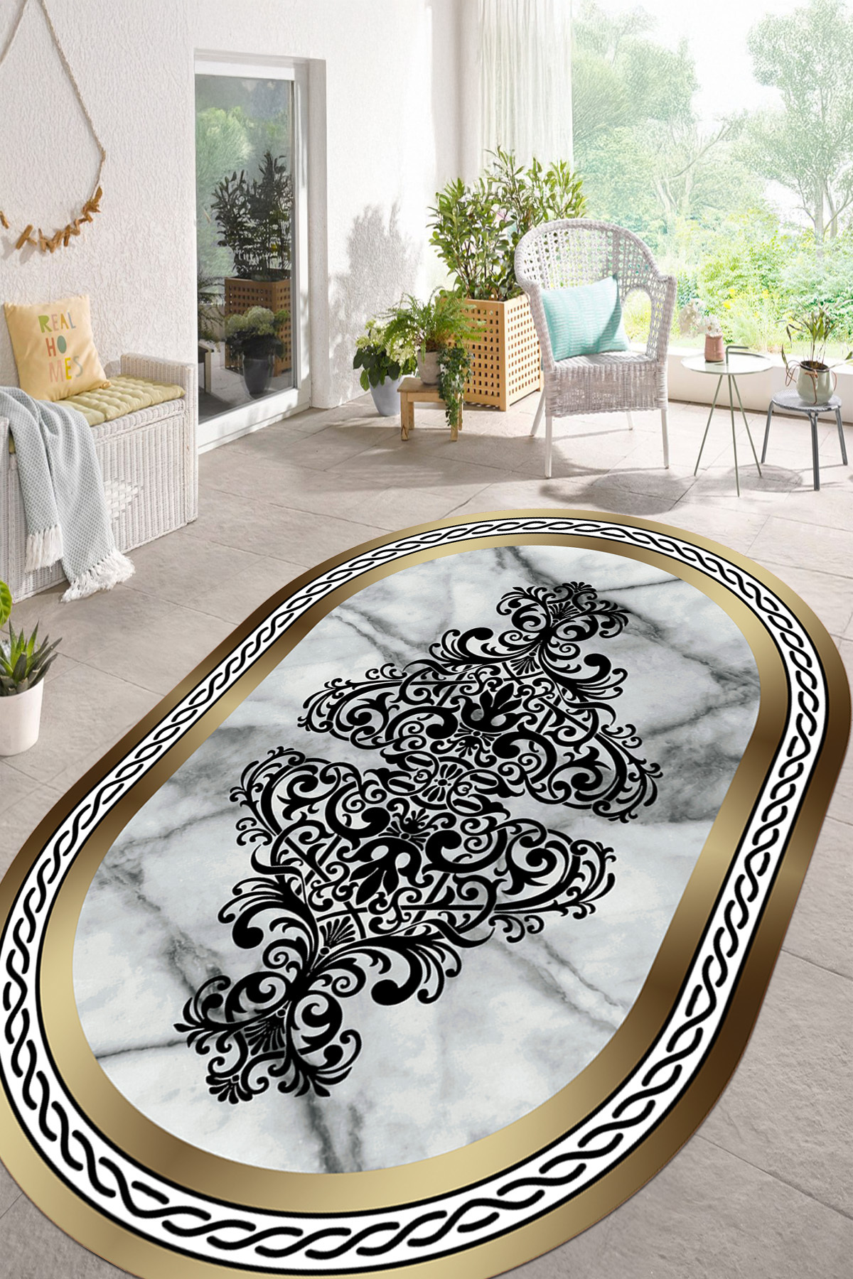 Authentic Patterned Marble Oval Living Room Rug with Digital Printed Washable and Non-Slip Base
