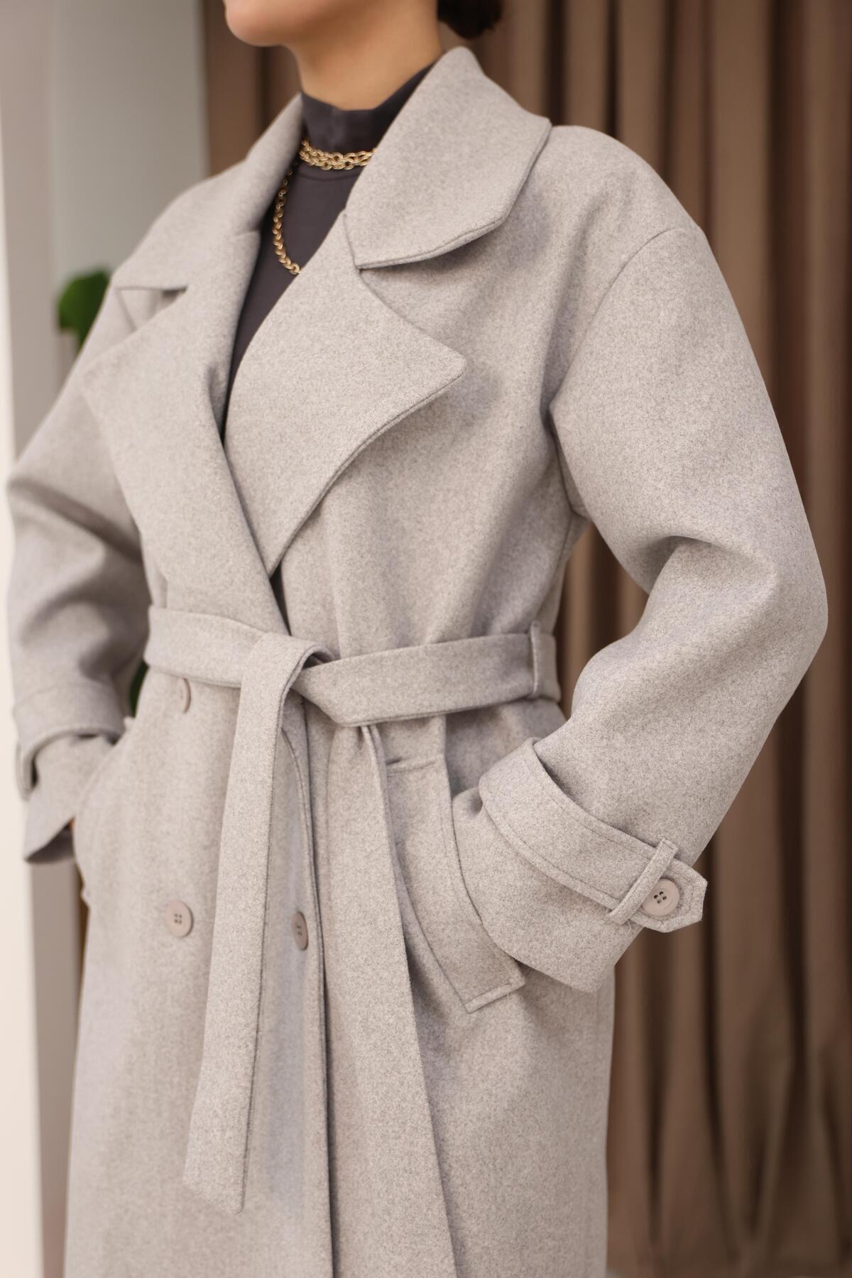 polle  Kadın Gri Kruvaze Oversize Kuşaklı Uzun Kaşe Kaban - Görsel 5