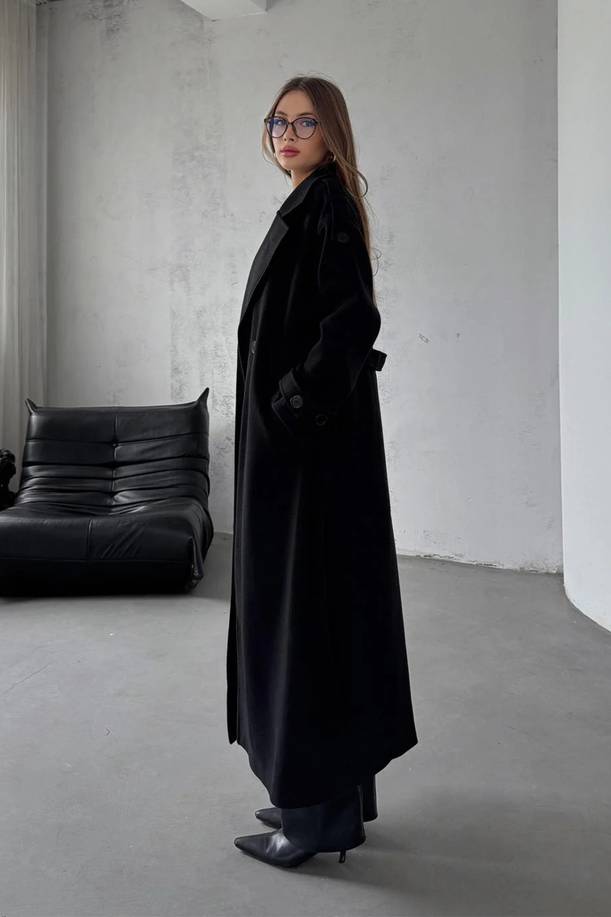 NET OF NOT  Siyah Kuşaklı Yeni Sezon Astarlı Premium Kalite Rahat Kalıp Kadın Kaşe Kaban Mont - Görsel 10