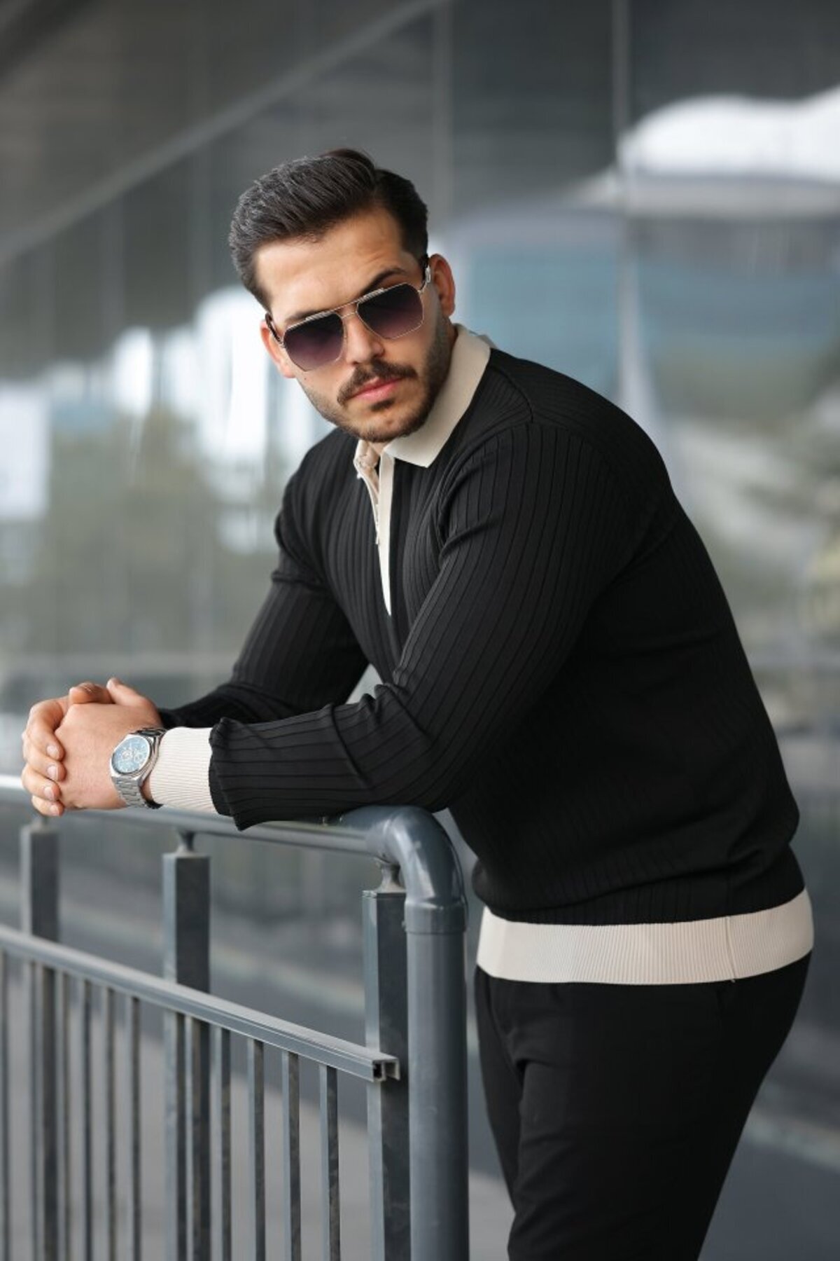 DUOF Erkek Kol Ve Yaka Detaylı Uzun Kollu Triko