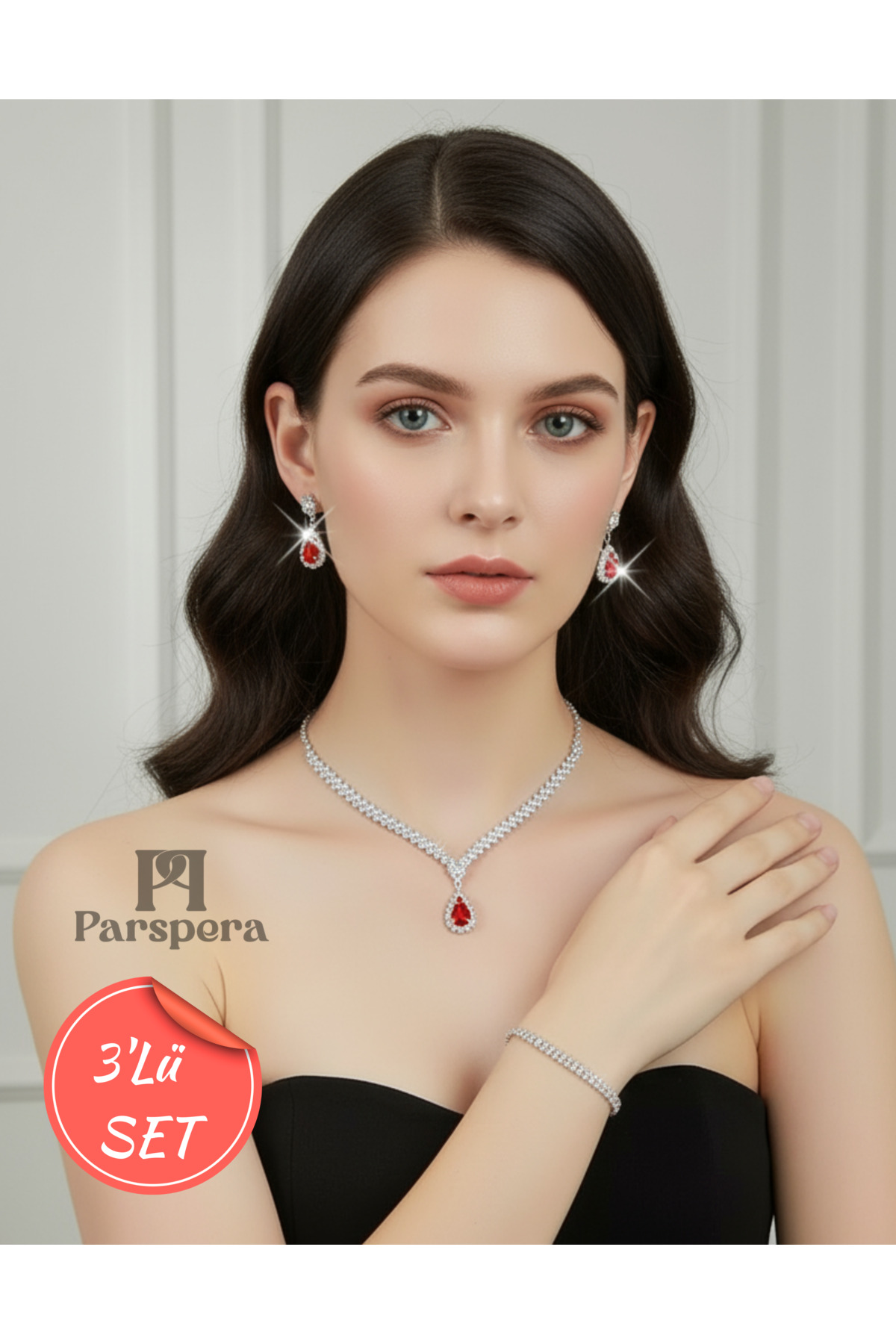 Silver Plated Zircon Deep Stylish Drop Gemstone Necklace RED, Earrings And Bracelet Set 3-Piece Set Invitation Wedding