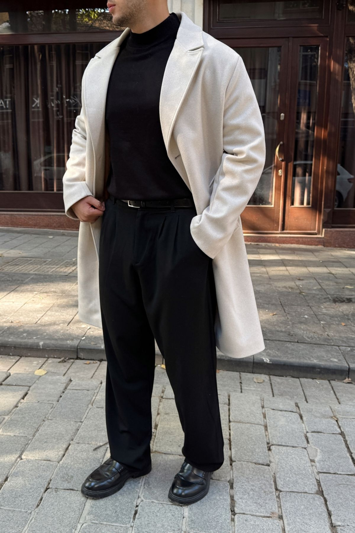 Livio Ferri Erkek Regular Fit Düğmeli Cepli Kışlık Astarlı Klasik Taş Uzun Kaşe Kaban görsel 6