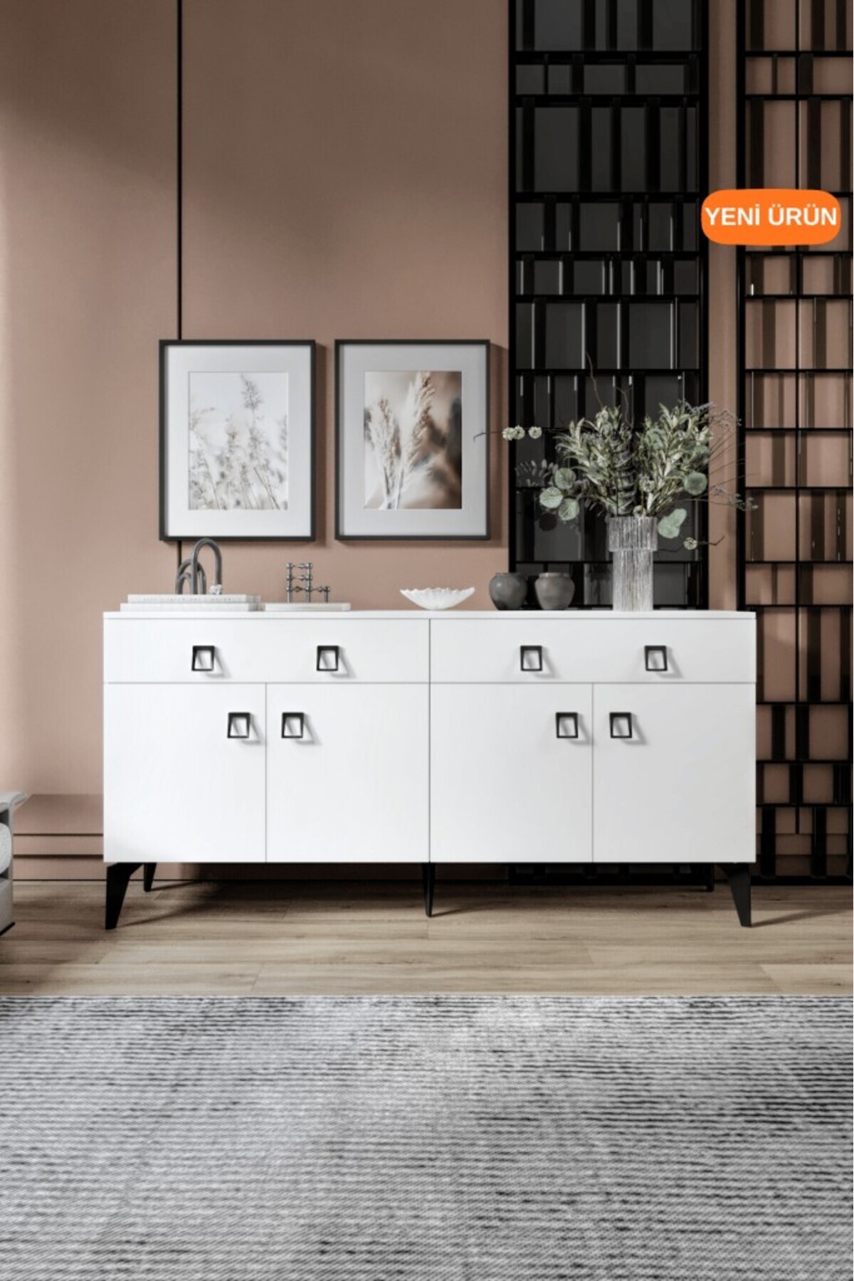 mapahomeliving Elara Konsol – 180 cm Beyaz, Metal Ayaklı 4 Kapaklı 2 Çekmeceli Modern Konsol