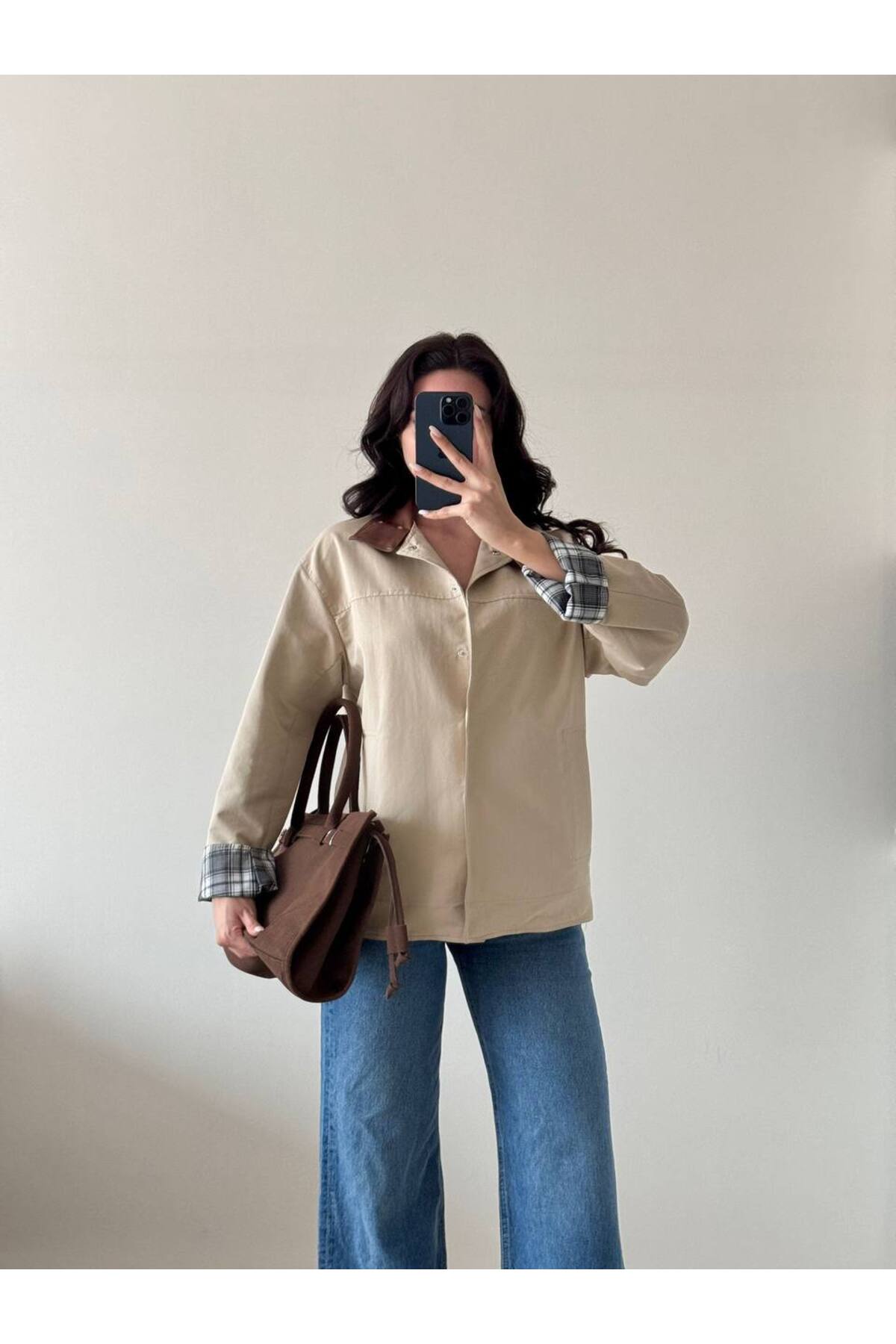 LOCH BUTİK  Kadın Bej Uzun Kollu Çıt Çıtlı Yakası Derili Ceket