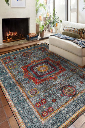 KONUKHOUSE Mavi Afgan Halısı Vintage El dokuma Görünümlü Dekoratif İnce Kayma...