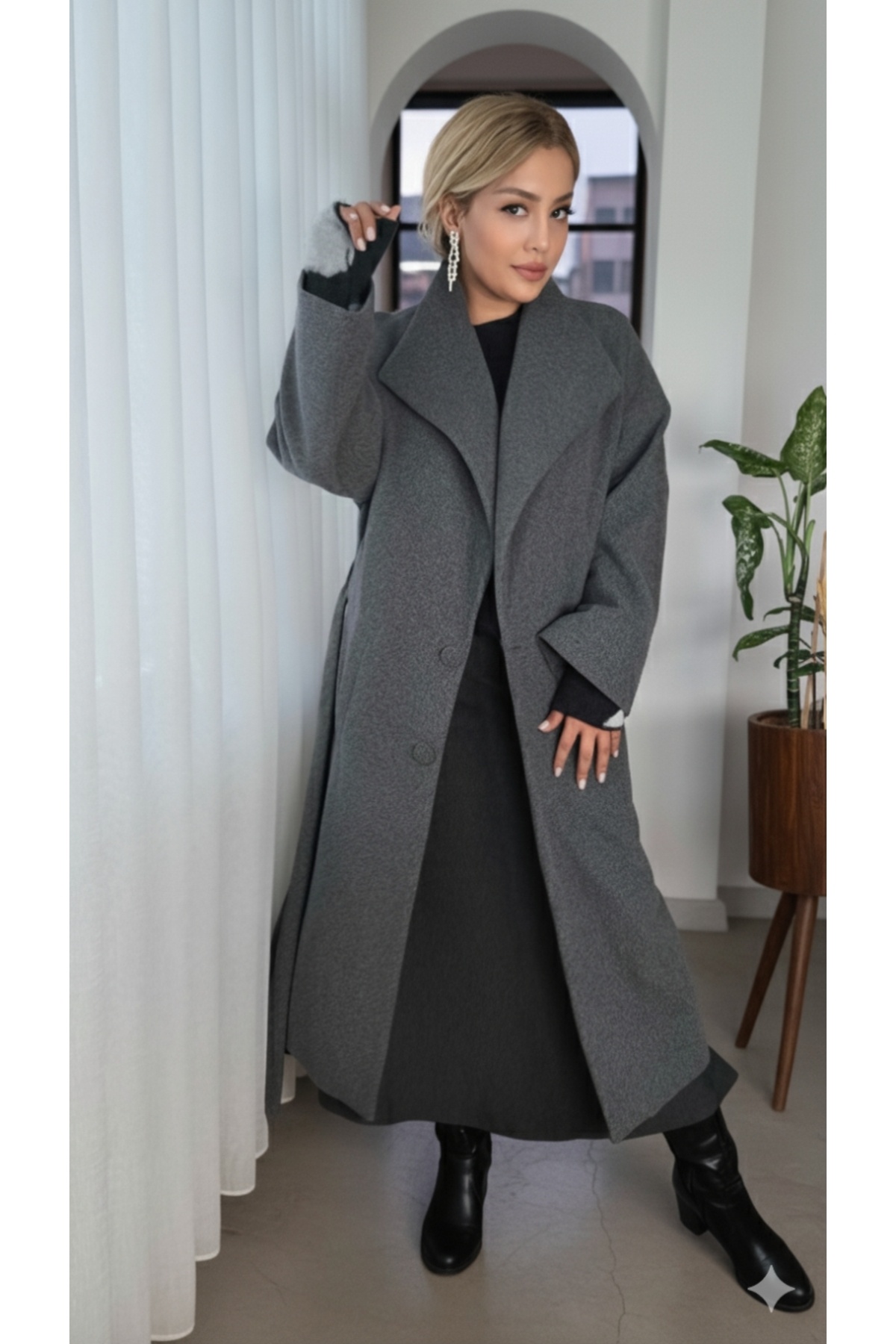 Gray Oversize Belted Lined Coat