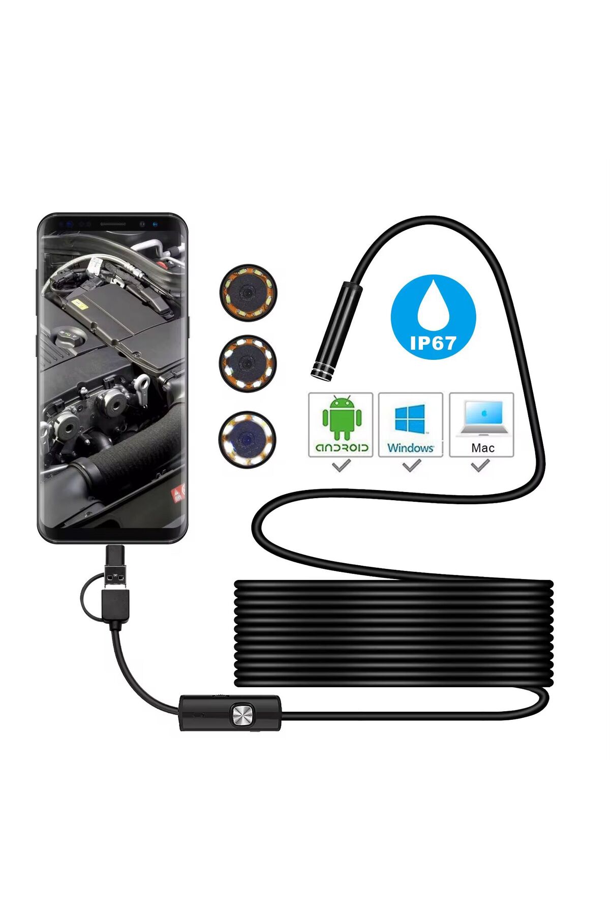 XTRIKE ME USB ENDOSKOP YILAN KAMERA 2 Mt. SERT KABLO 3in1(USB+Micro+TYPE-C) ANDROİD IŞIKLI 5,5mm