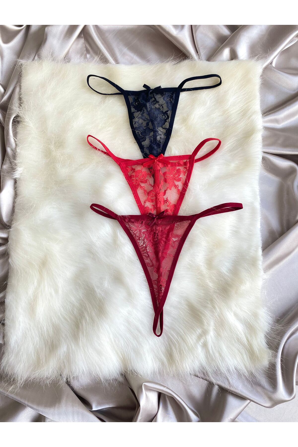 Women's Lace Transparent String Thong Underwear 3-Piece Set - Black & Red & Burgundy