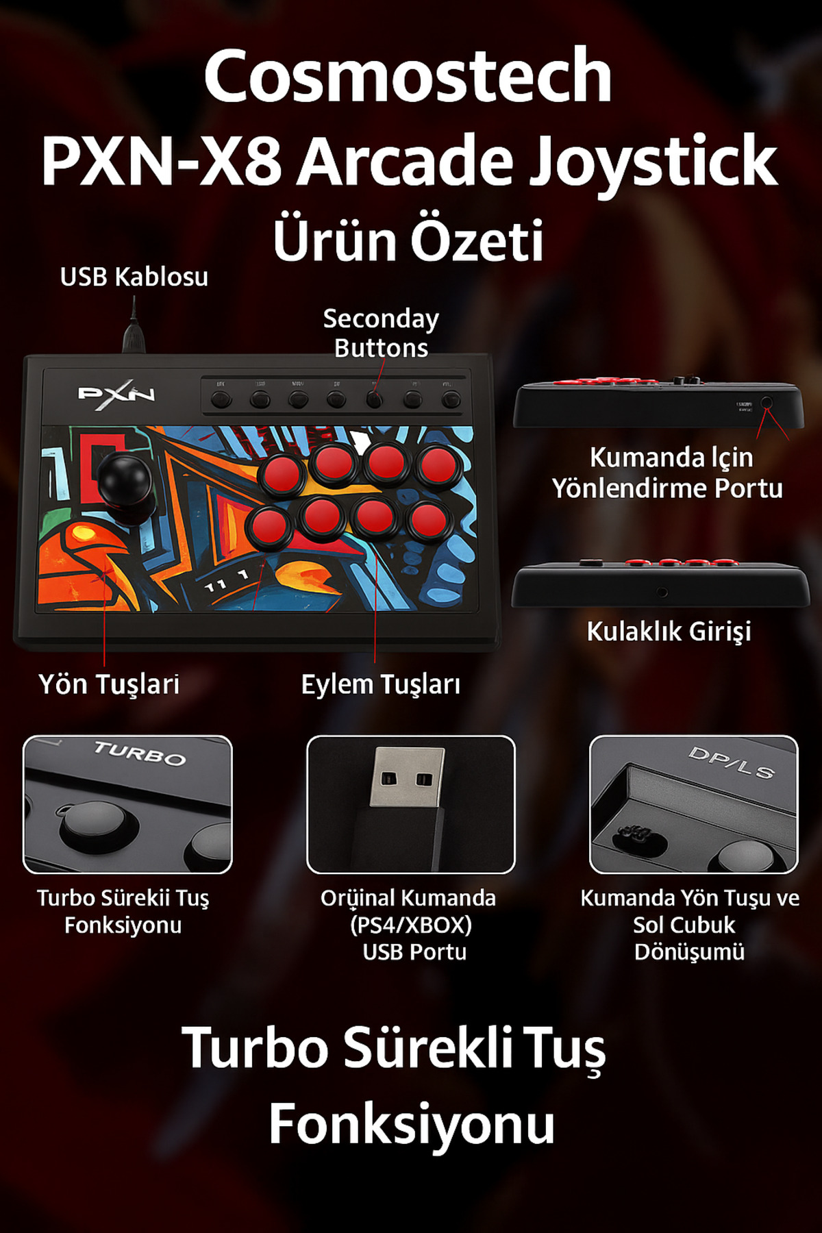 pxn Cosmostech X8 Arcade Fight Stick Joystick Dövüş Oyunları PS4