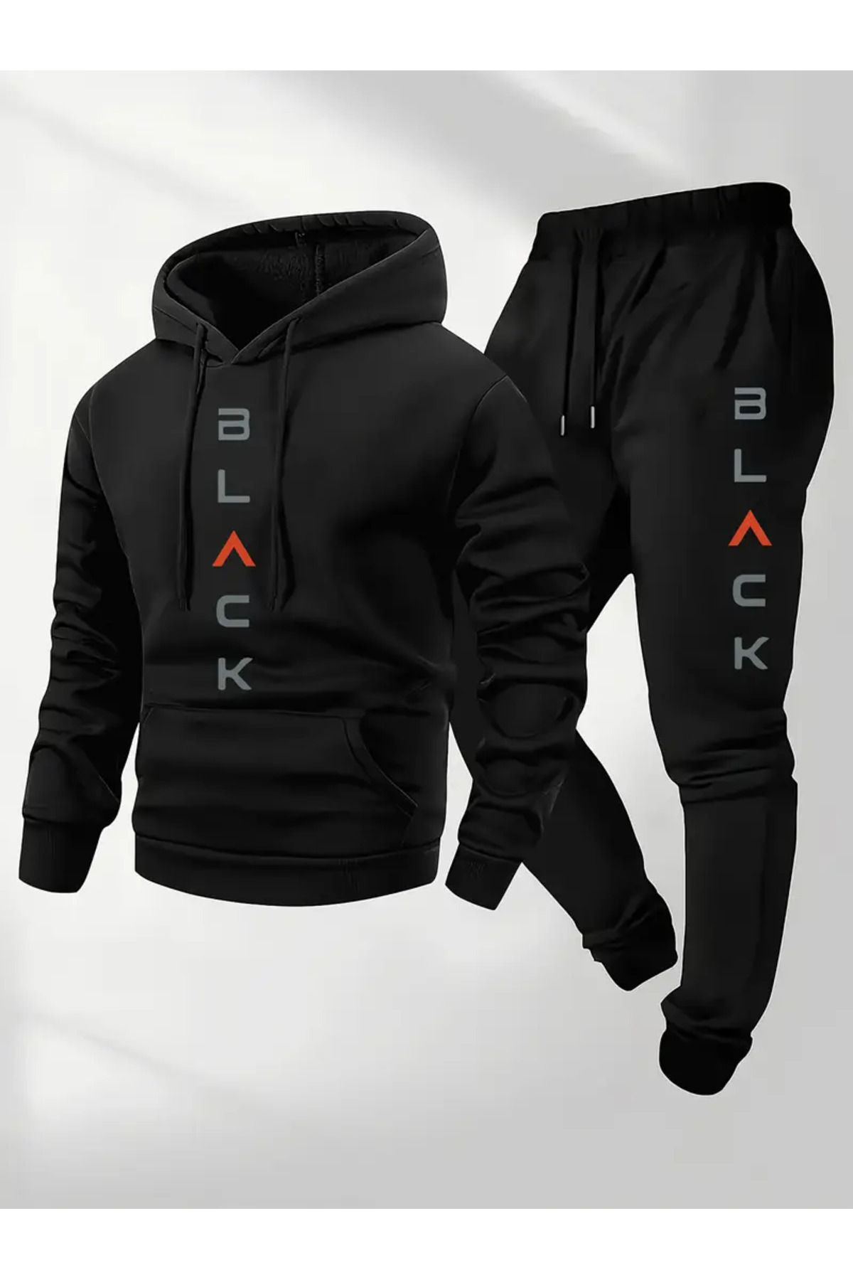 AEMİ Uniszex fekete nyomott mintás kapucnis pulóver és Jogger melegítőnadrág - alsó felső szett