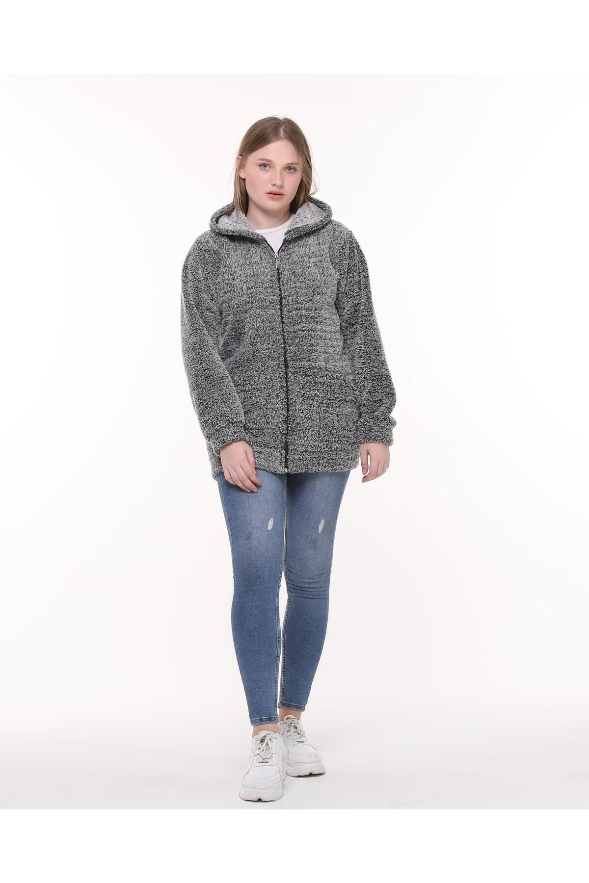 Genel Markalar  Kapüşonlu Polar Welsoft Peluş Hırka - Cepli Kapüşonlu Fermuarlı Kışlık Peluş Hırka Ceket - Görsel 4