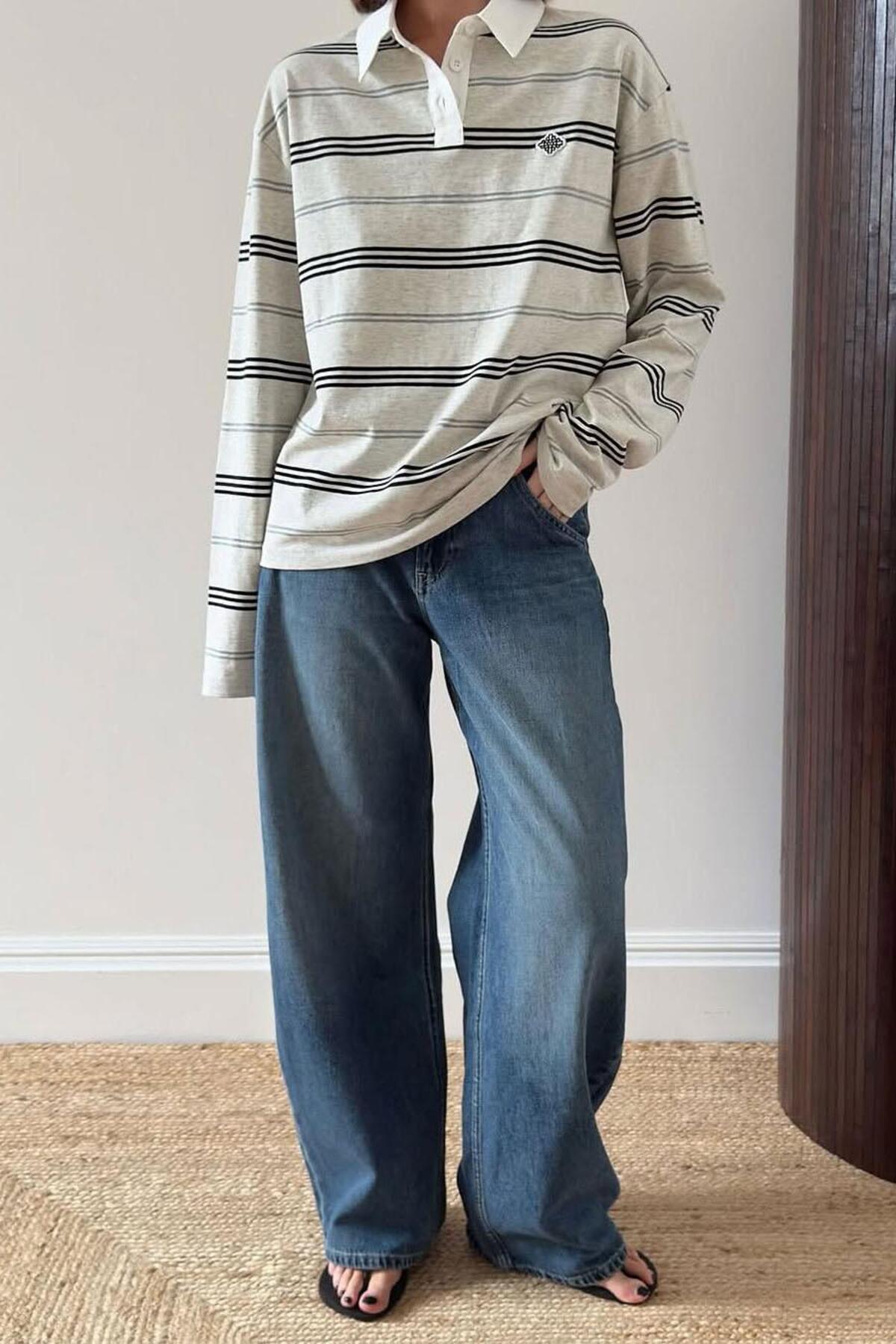 Seeh  Gri Polo Yaka Çizgili Kadın Sweatshirt SH297 - Görsel 2