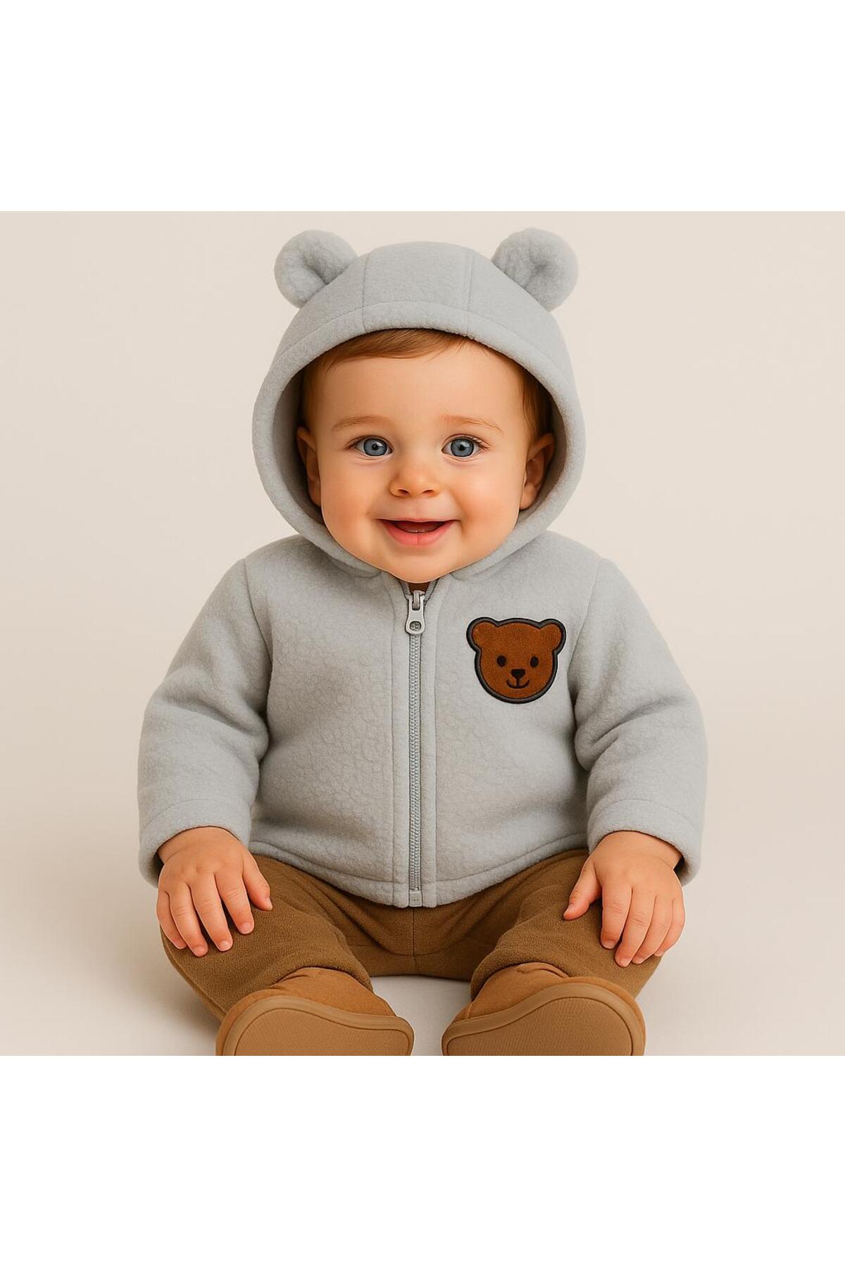 nevrankids Unisex Hırka Bebek Welsoft Ayı Kulaklı Nakışlı Fermuarlı Kışlık - Gri fotoğrafı 2 (önizleme)