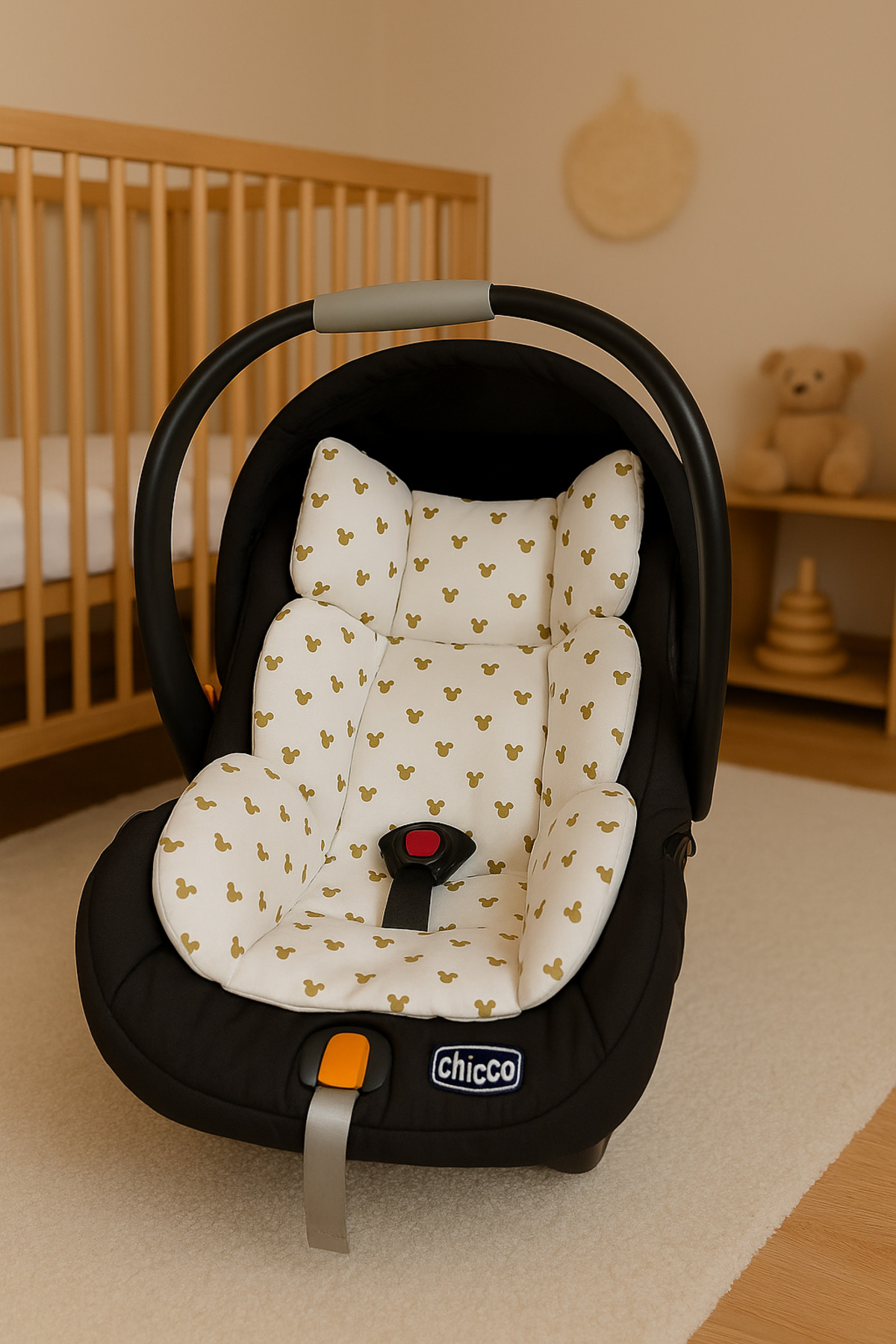 BeygeBaby Çift Katlı Ekru Pike ve Mickey Desenli Çift Yönlü Puset Örtüsü,Minderi ve Çarşafı (3LÜ SET) fotoğrafı 6 (önizleme)