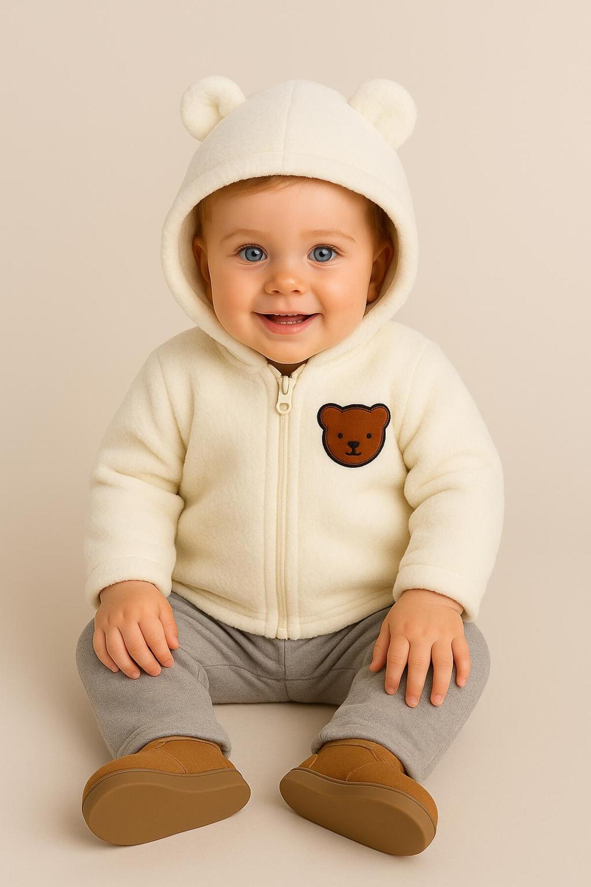nevrankids Unisex Mont Bebek Welsoft Ayı Kulaklı Fermuarlı - Ekru fotoğrafı 2 (önizleme)